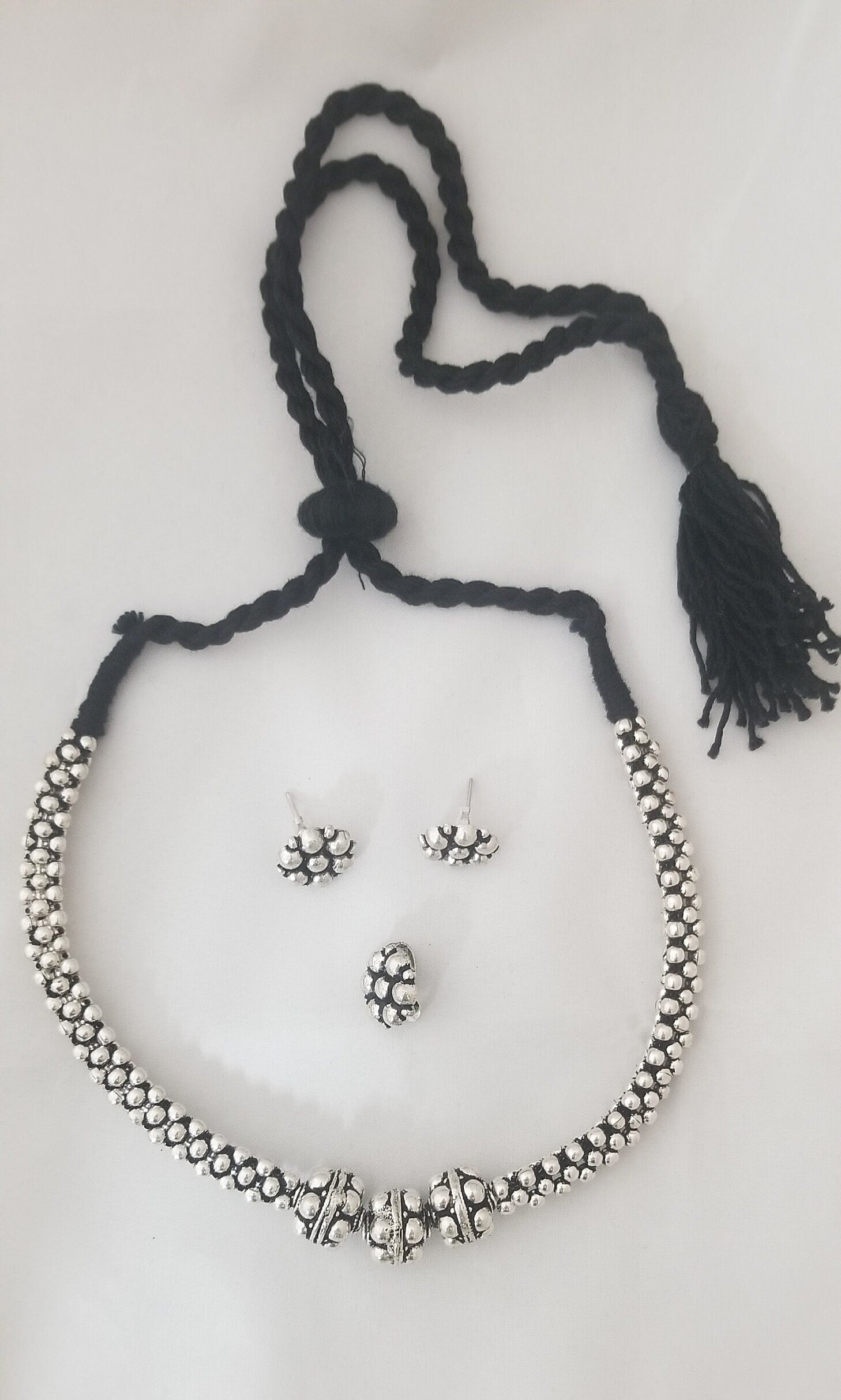 Premium quality Antique Silver Choker with matching Earrings and nose pin