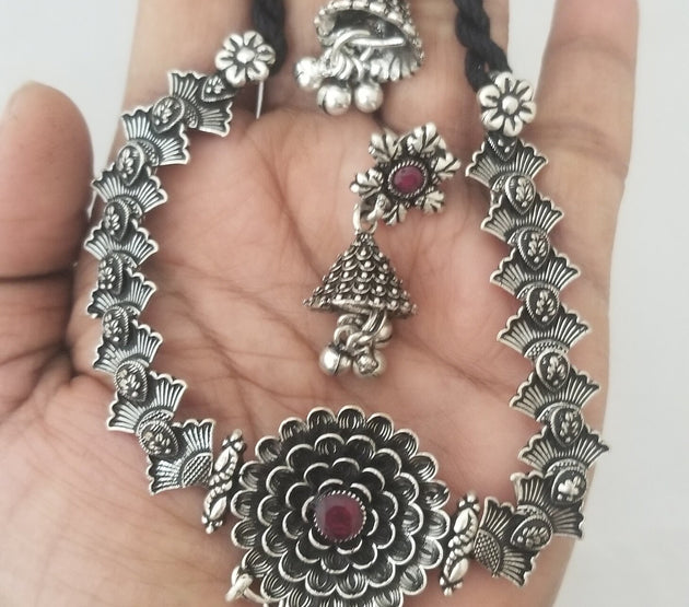 Flower design Oxidized silver Necklace with matching Cute Jhumka with gunguru