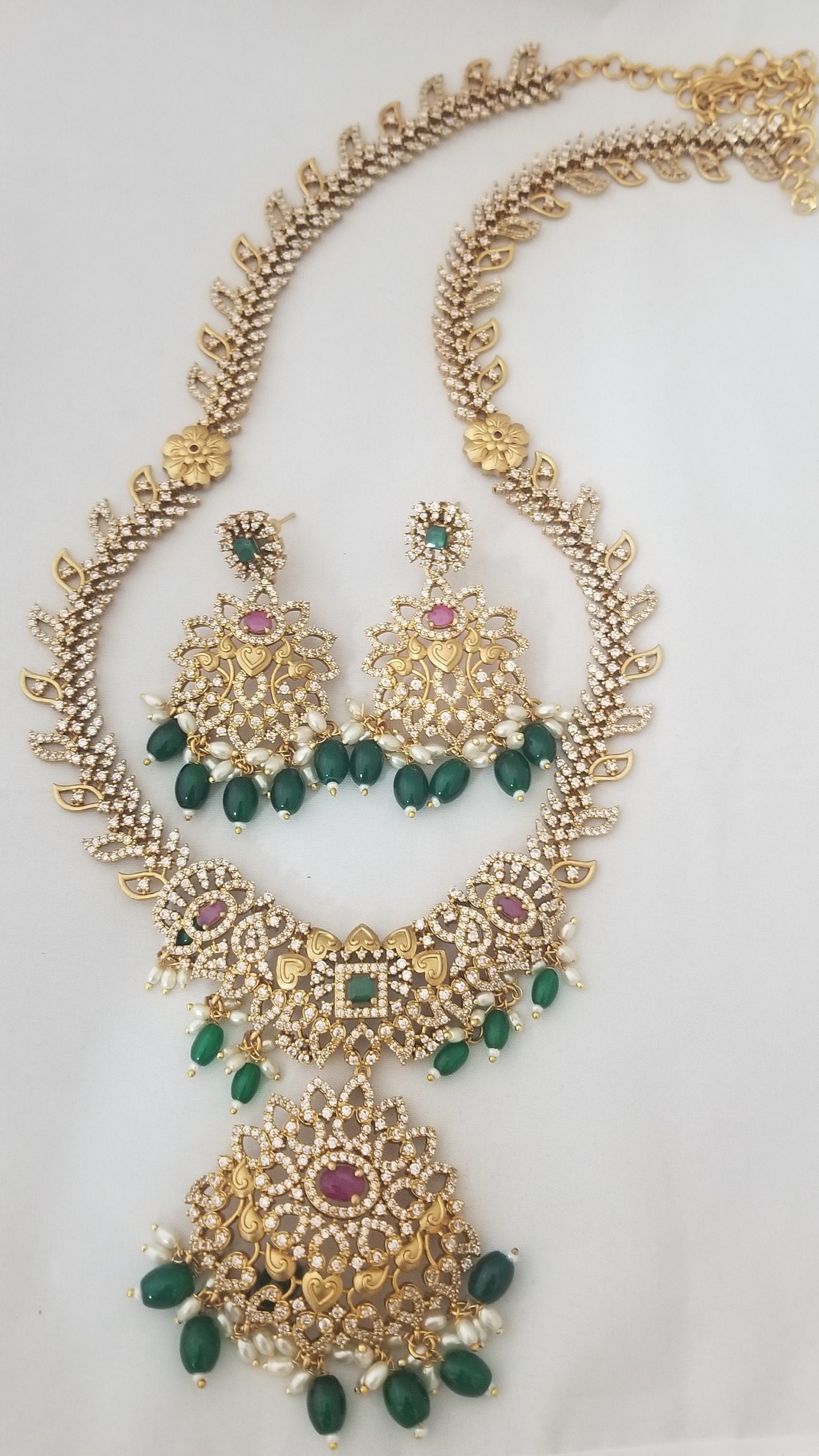 Premium quality Gold Jewelry Replica Haram with precious green bead hangings with matching Earrings - Ethnic Jewelry