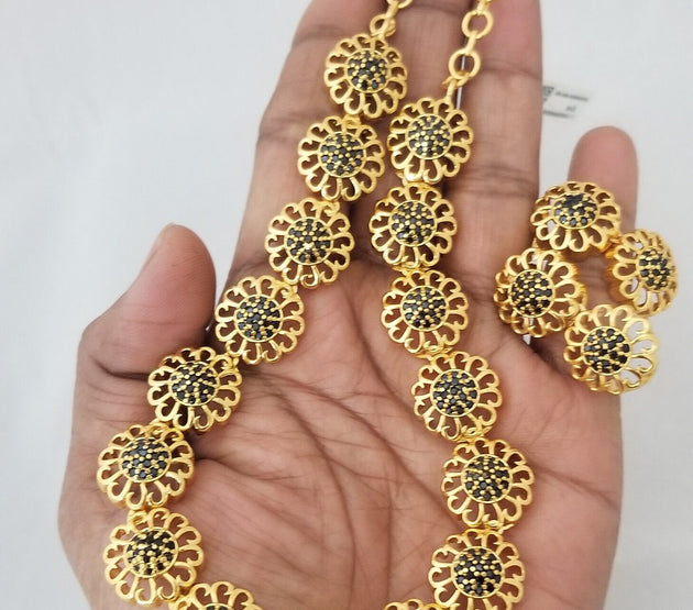 Flower Type Gold Polish Black stone Necklace with matching Earrings - Flower type Necklace