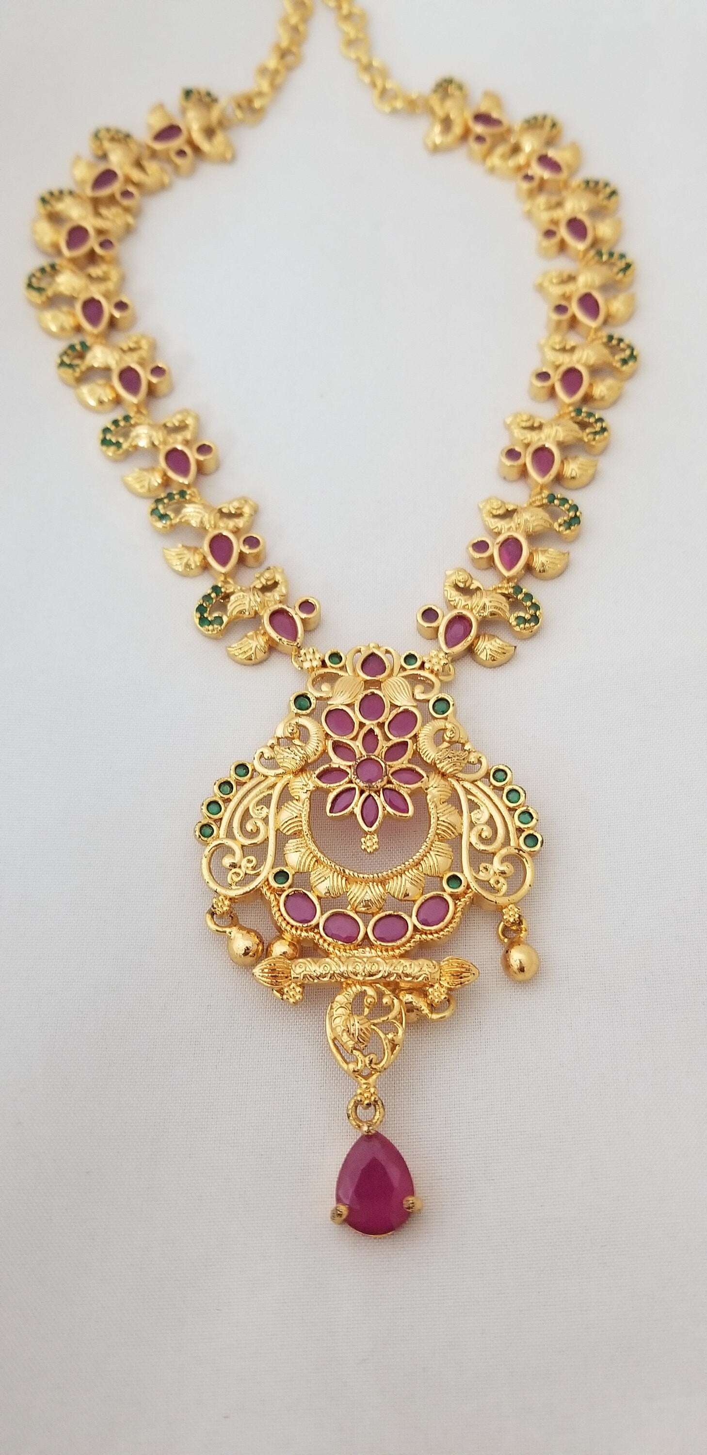 Peacock with flower Gold Polish AD stone Necklace with - Gold Jewelry Replica