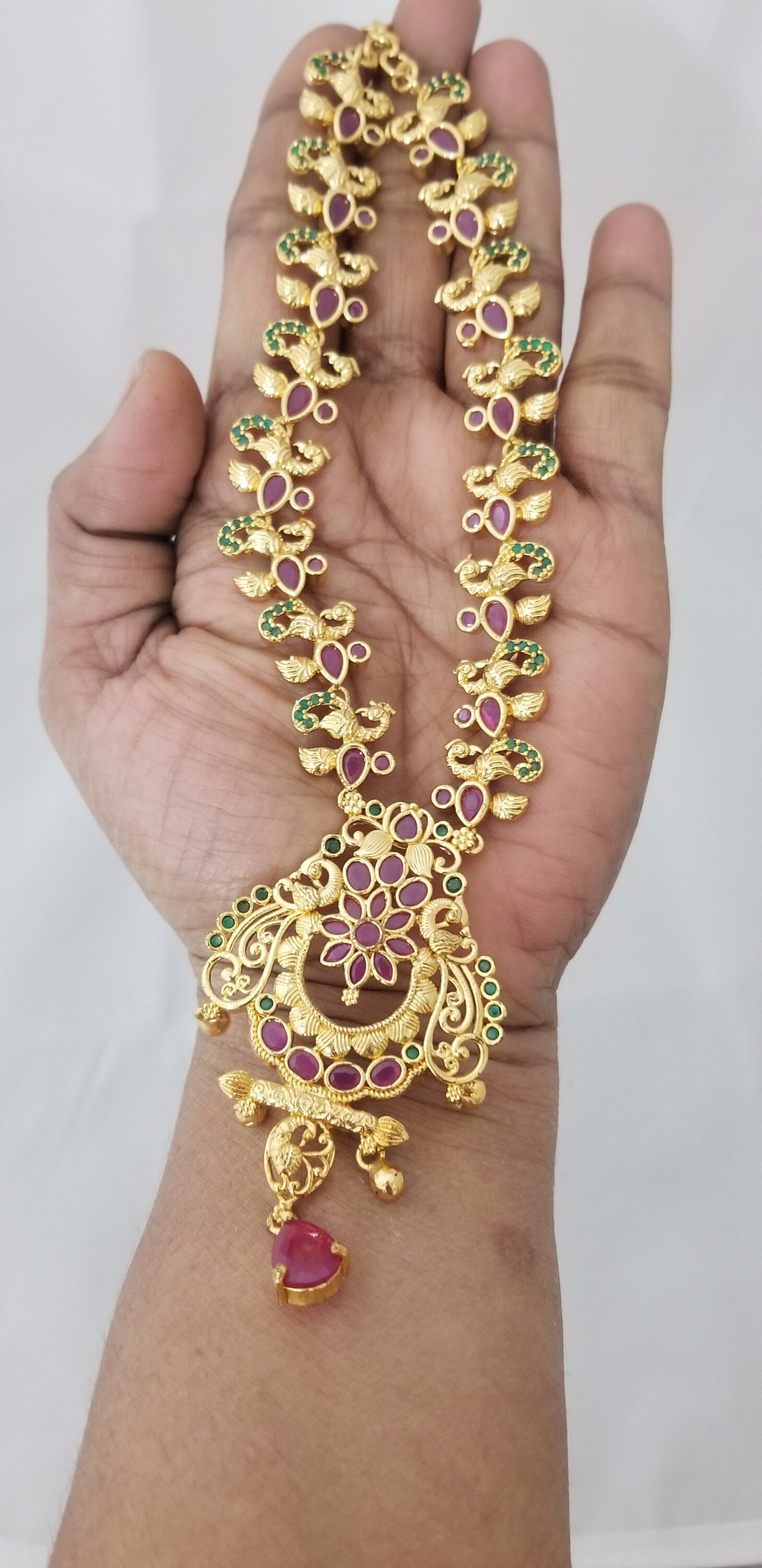 Peacock with flower Gold Polish AD stone Necklace with - Gold Jewelry Replica