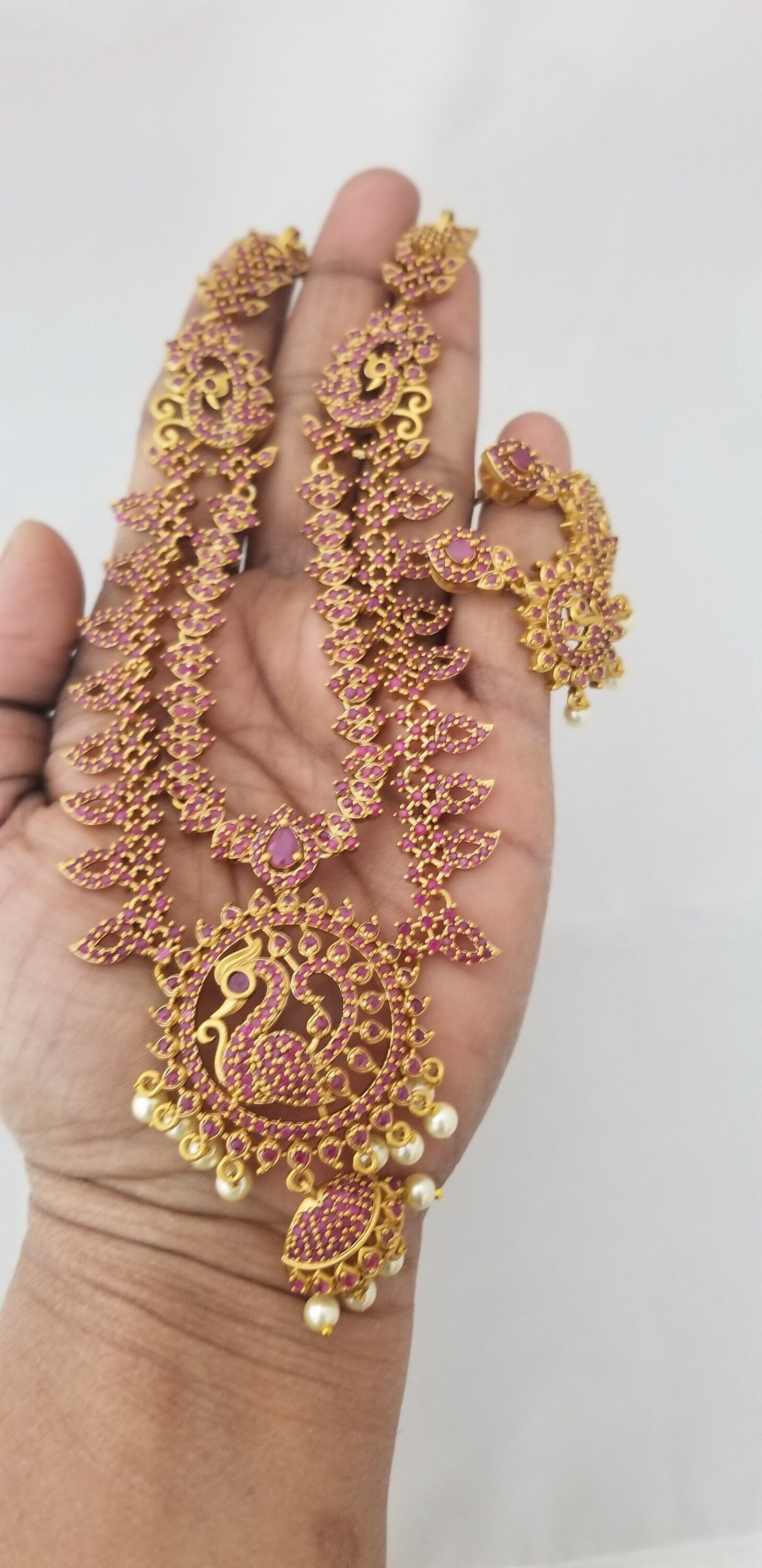 Peacock design Premium Quality Double layer Ruby Necklace with Beautiful Earrings - Gold Jewelry Replica