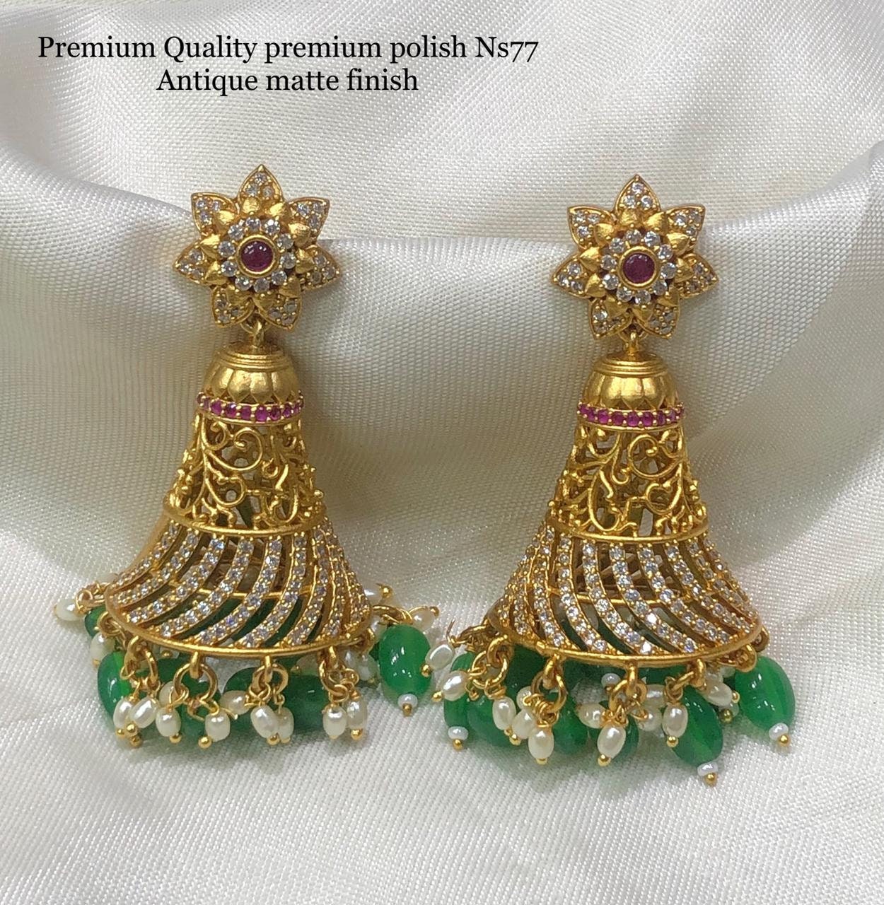 Premium Quality premium polish Antique matte finish Big Jhumka with precious bead hangings