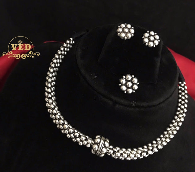 Premium quality Antique Silver Choker with matching Earrings and nose pin