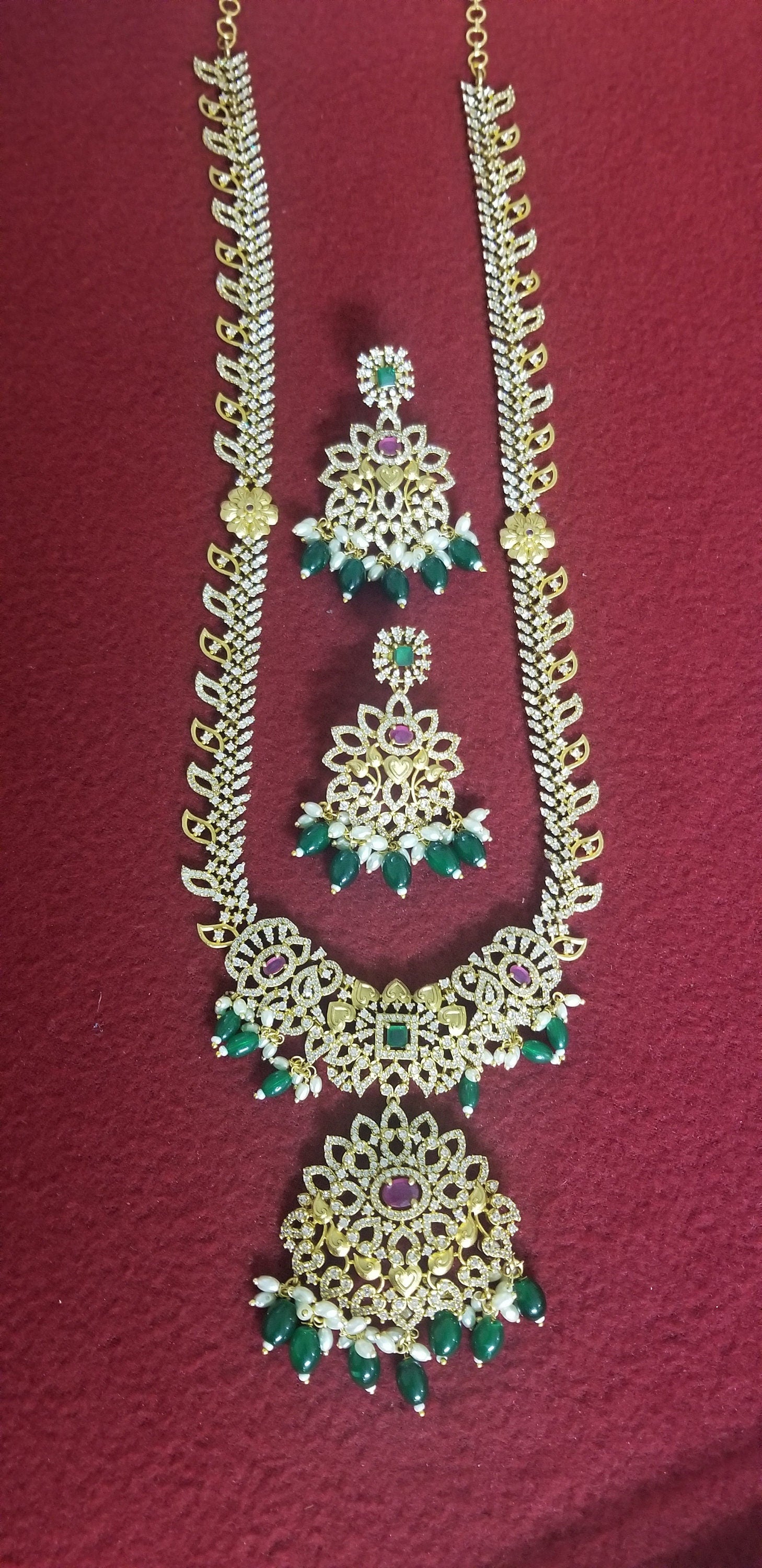 Premium quality Gold Jewelry Replica Haram with precious green bead hangings with matching Earrings - Ethnic Jewelry