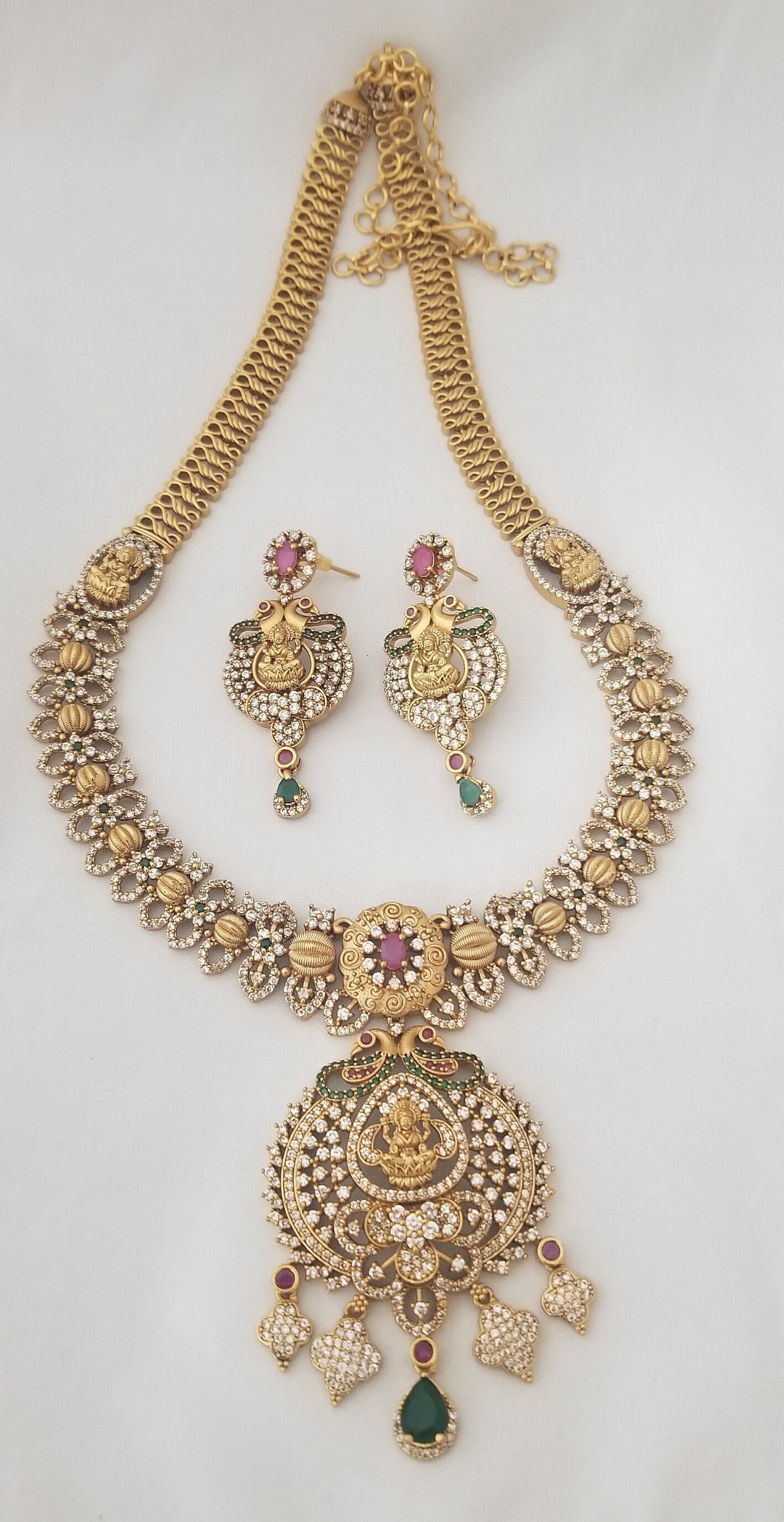Lakshmi Premium quality Gold Jewelry Replica Haram - CZ stone Haram with matching Earrings - Ethnic Jewelry