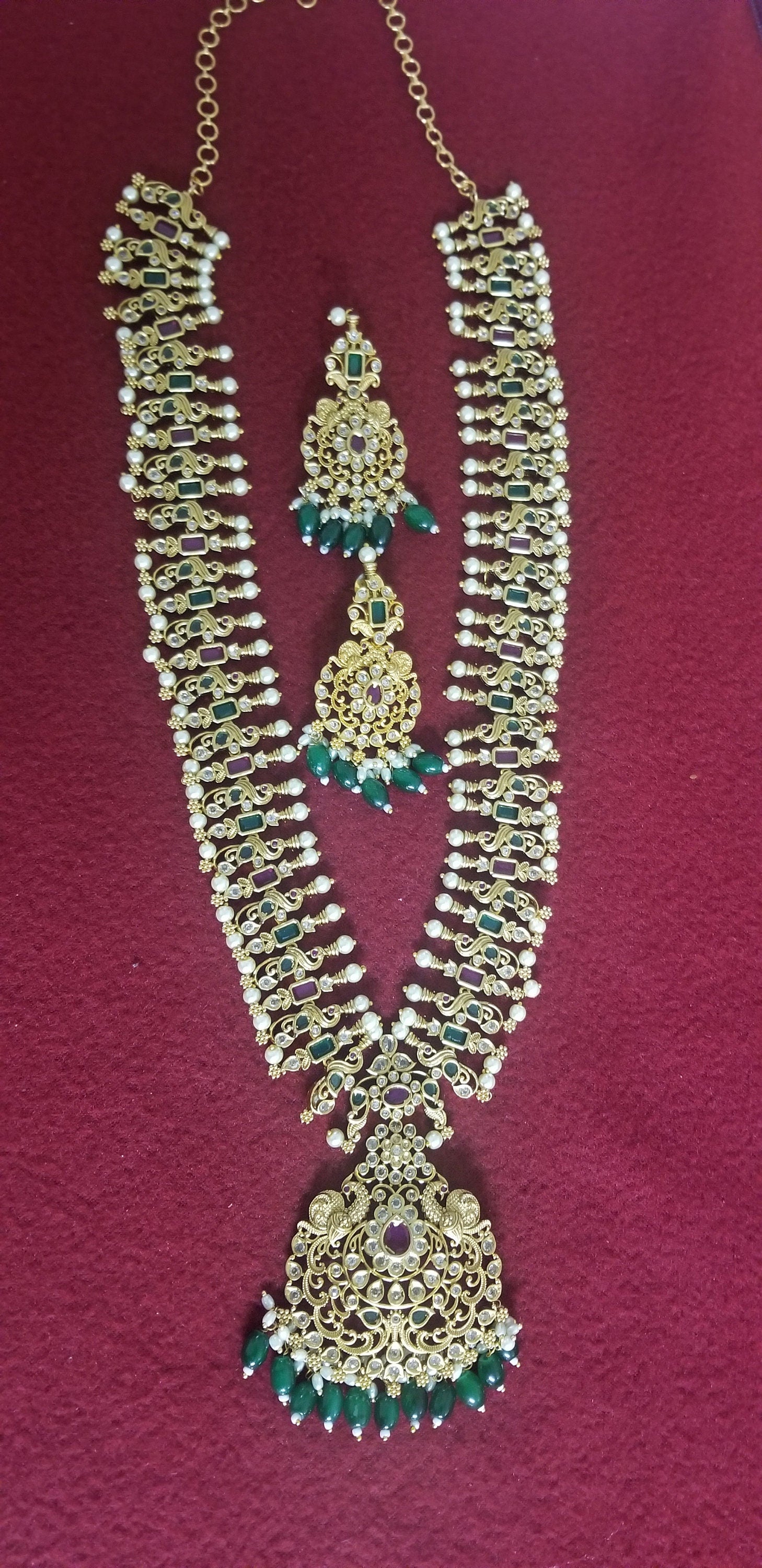 Peacock Premium quality Gold Jewelry Replica Haram with precious green bead hangings with matching Earrings