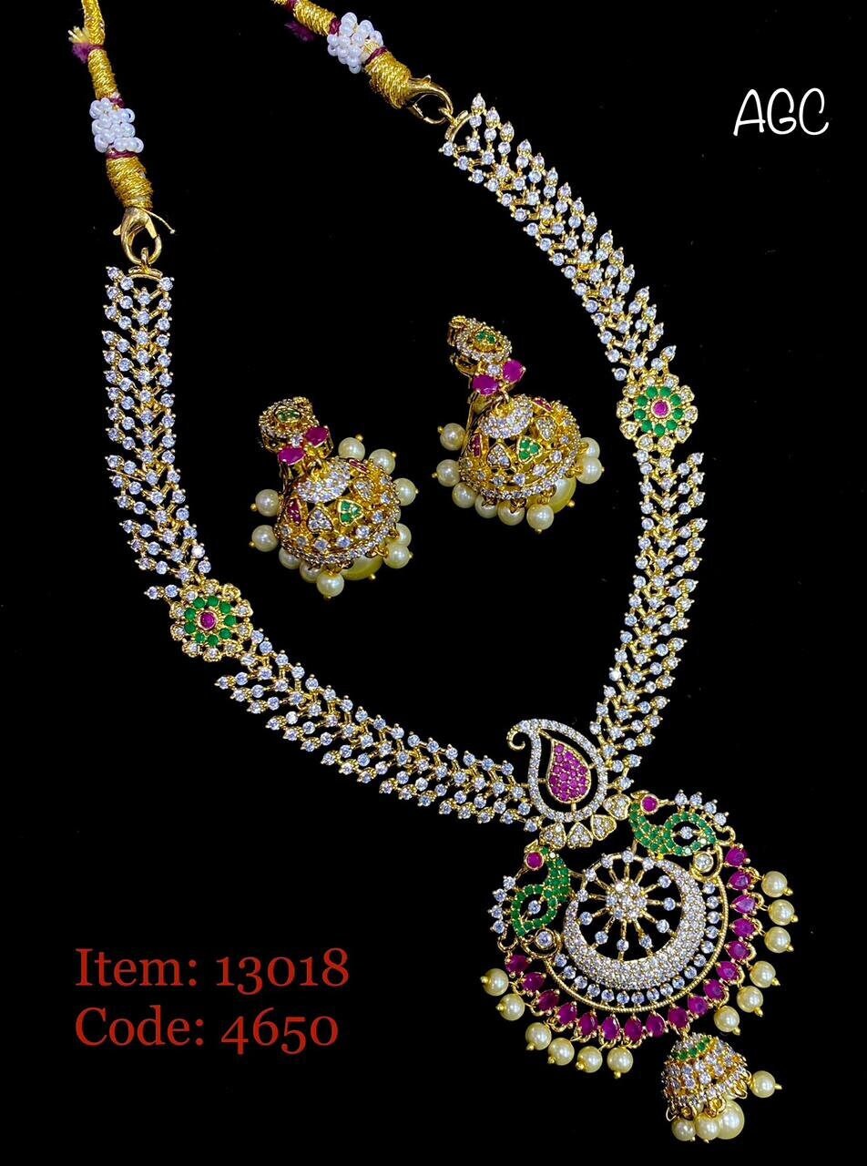 Premium Quality CZ stone Necklace with Beautiful Jhumka - Gold Jewelry Replica