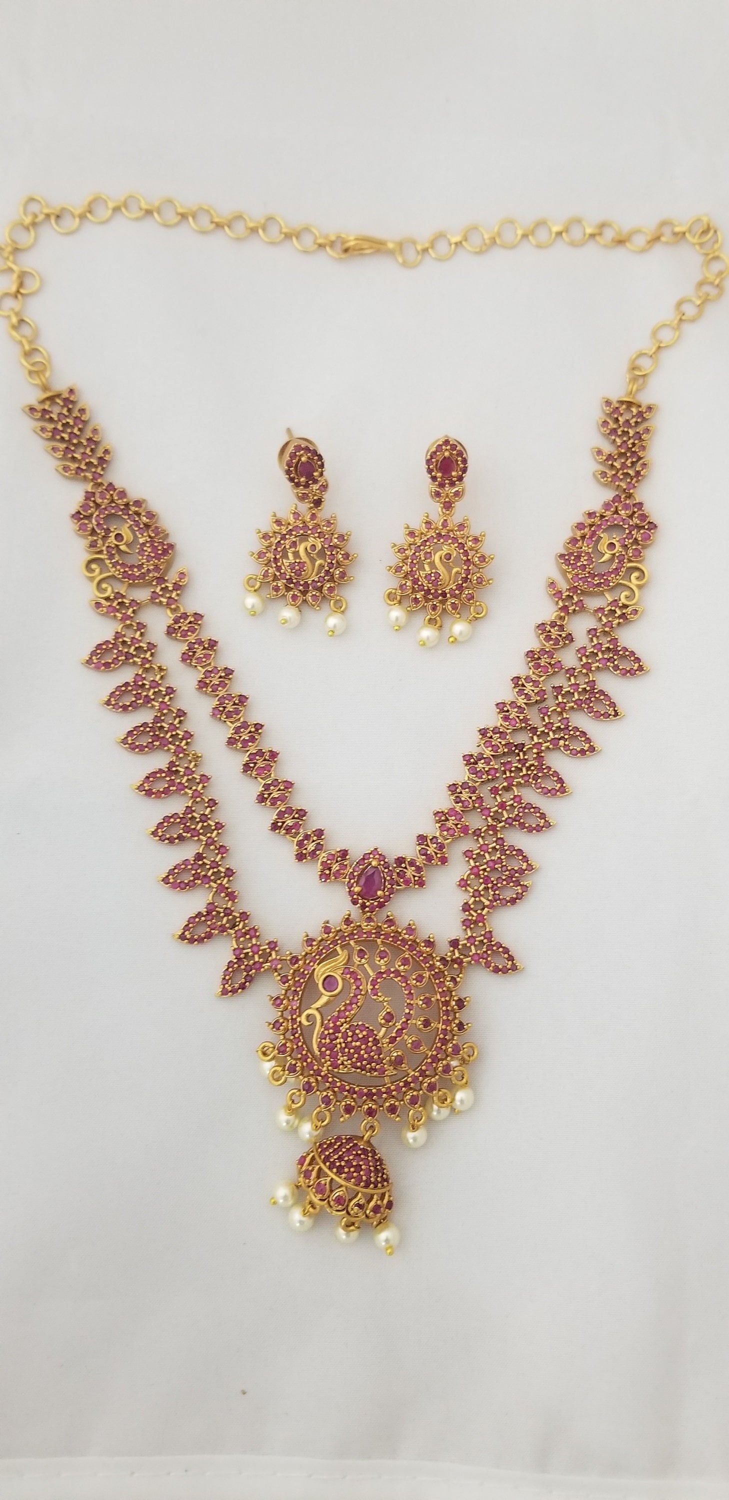 Peacock design Premium Quality Double layer Ruby Necklace with Beautiful Earrings - Gold Jewelry Replica