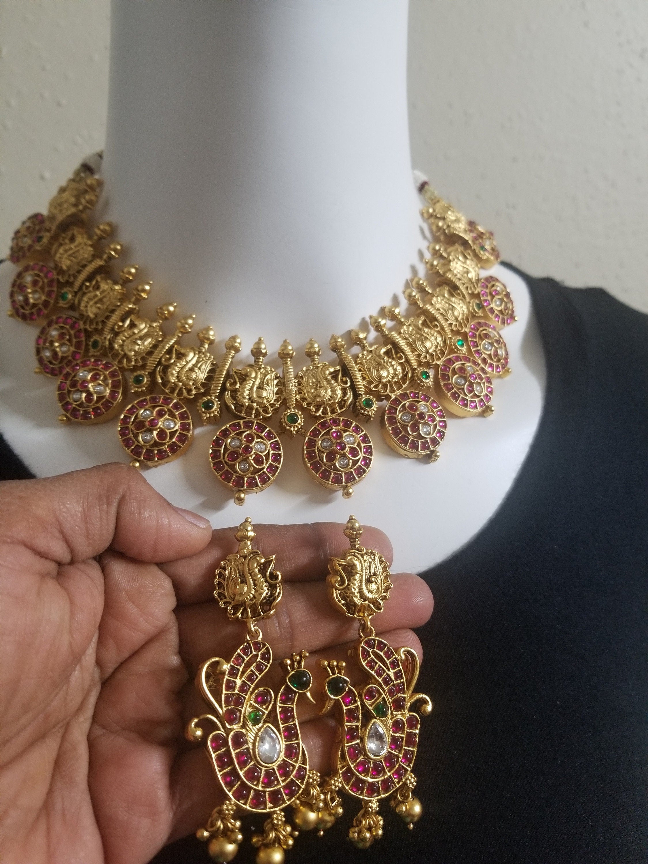 Peacock Premium quality Kemp stone  Gold Jewelry Replica Necklace with Earrings - Bridal Necklace