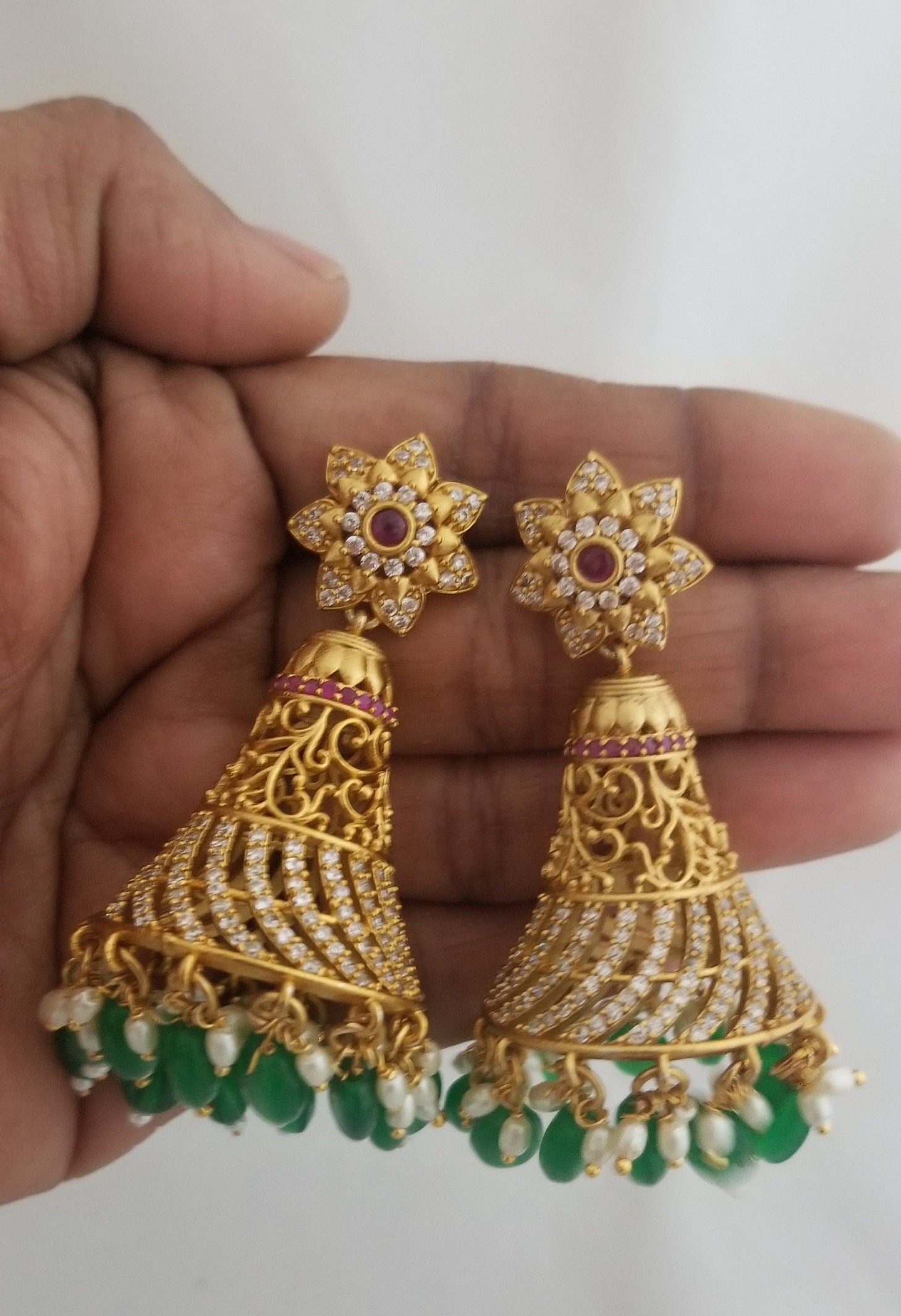 Premium Quality premium polish Antique matte finish Big Jhumka with precious bead hangings