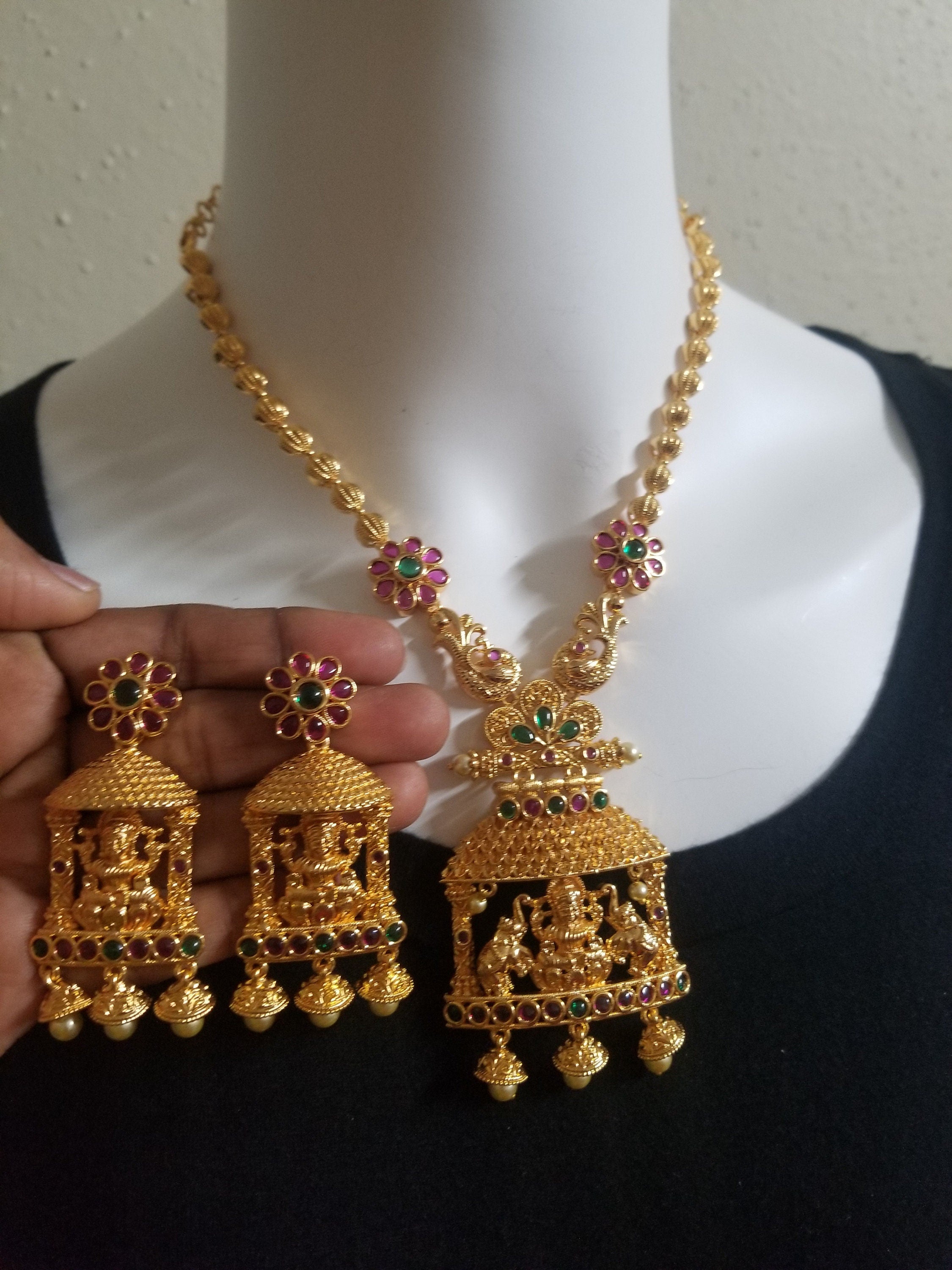 Gaja Lakshmi Gold Polish Necklace with matching big Earrings - Ethnic Jewelry