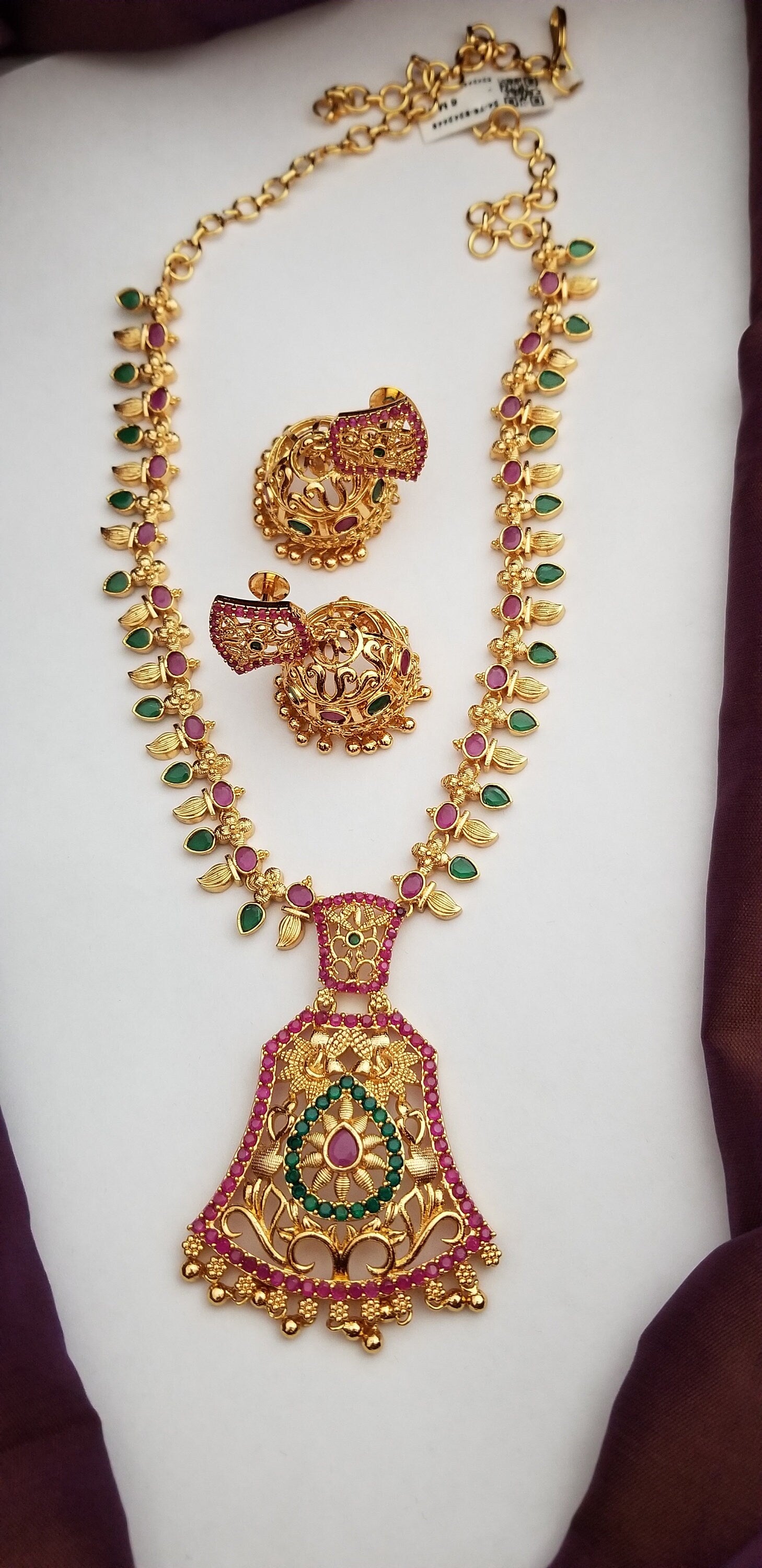 Gold Polish AD Multi-color Stone Necklace with matching Jhumka - Gold Jewelry Replica - Ethnic Jewelry