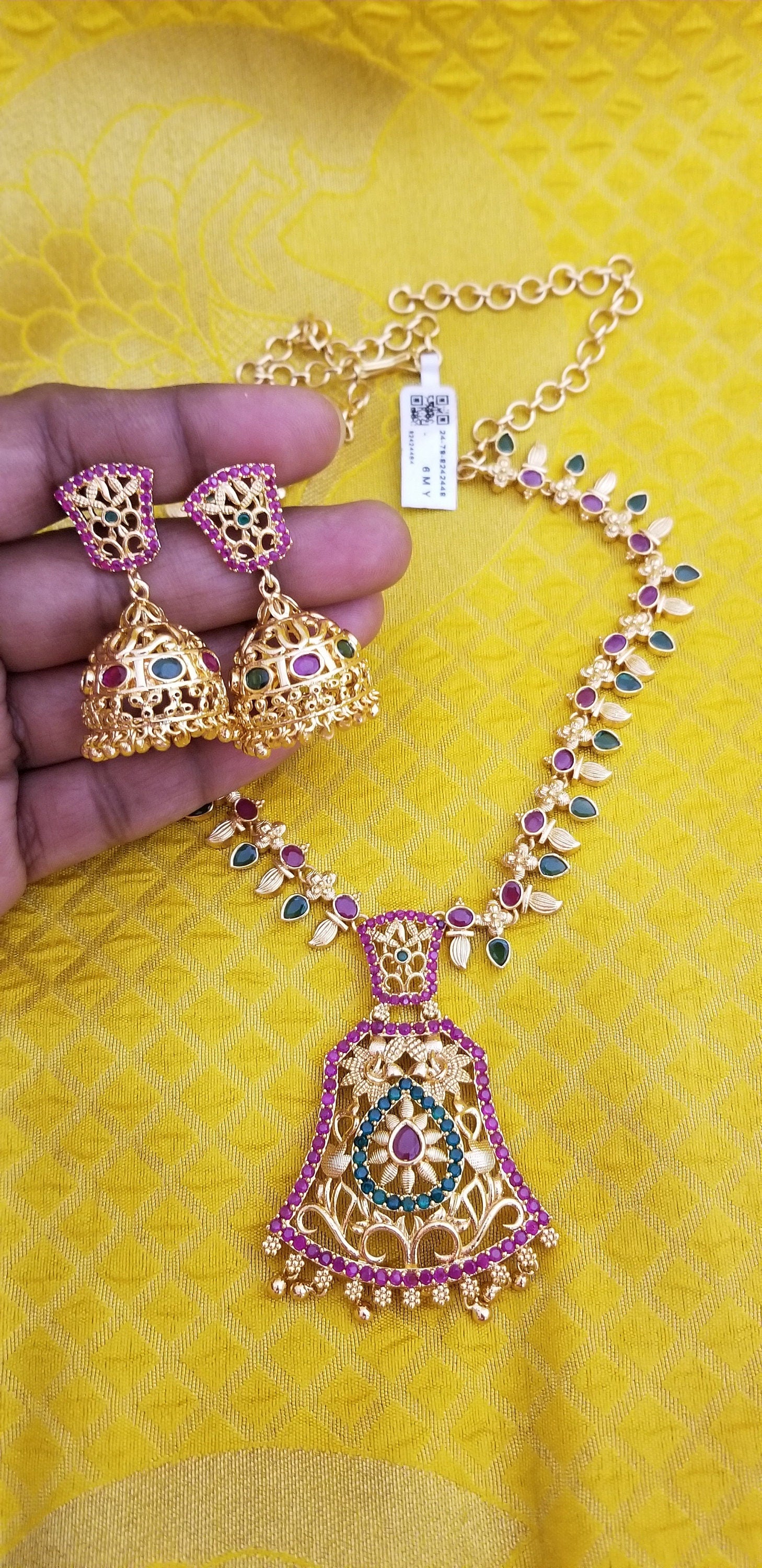 Gold Polish AD Multi-color Stone Necklace with matching Jhumka - Gold Jewelry Replica - Ethnic Jewelry
