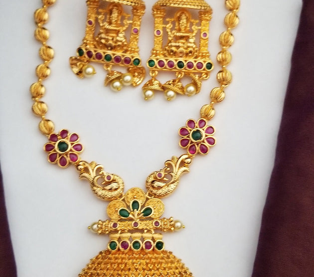 Gaja Lakshmi Gold Polish Necklace with matching big Earrings - Ethnic Jewelry