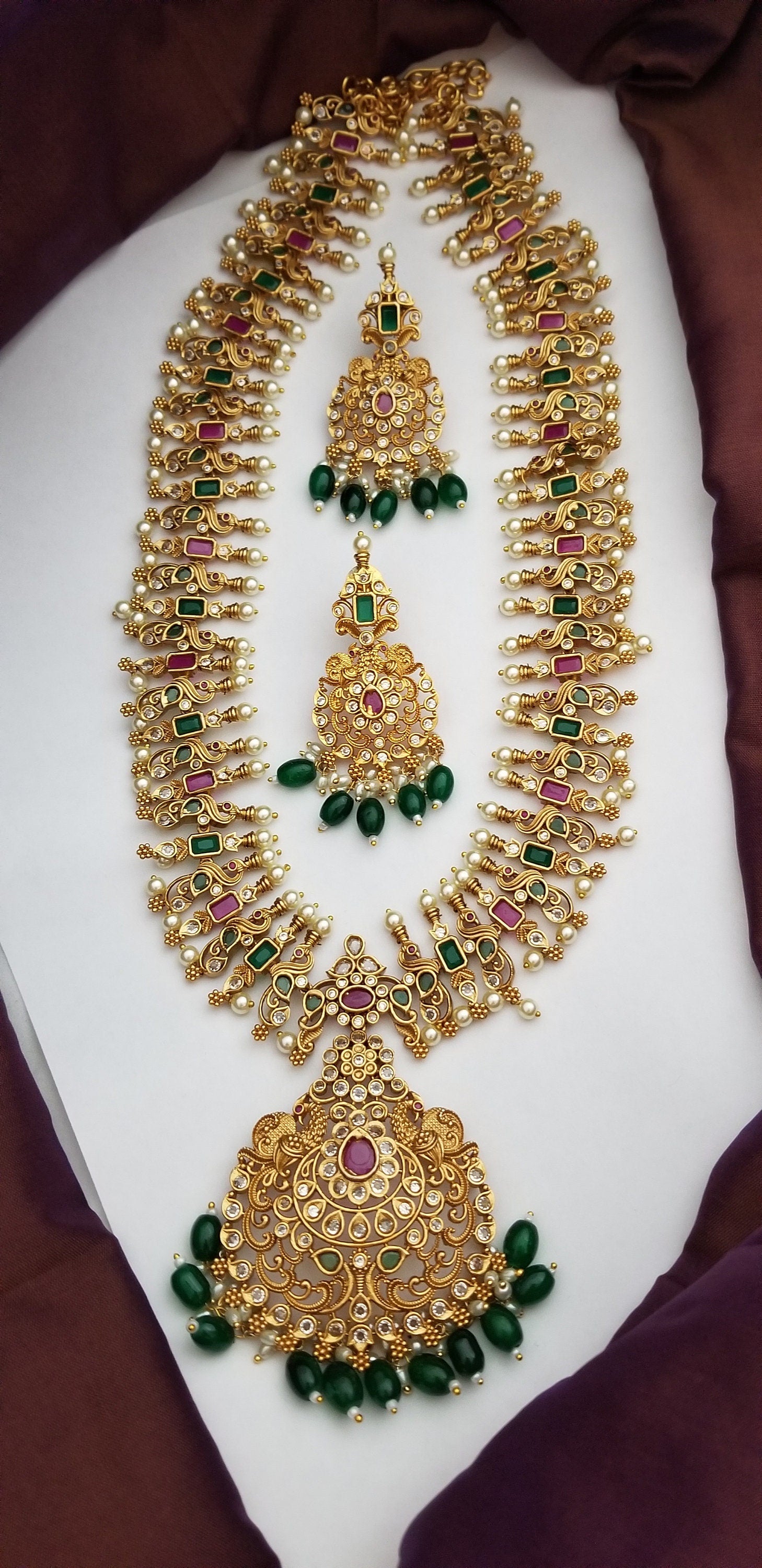 Peacock Premium quality Gold Jewelry Replica Haram with precious green bead hangings with matching Earrings