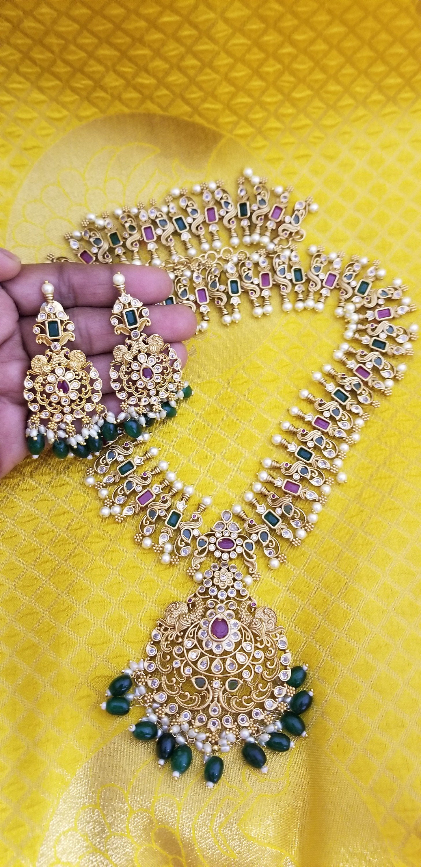 Peacock Premium quality Gold Jewelry Replica Haram with precious green bead hangings with matching Earrings