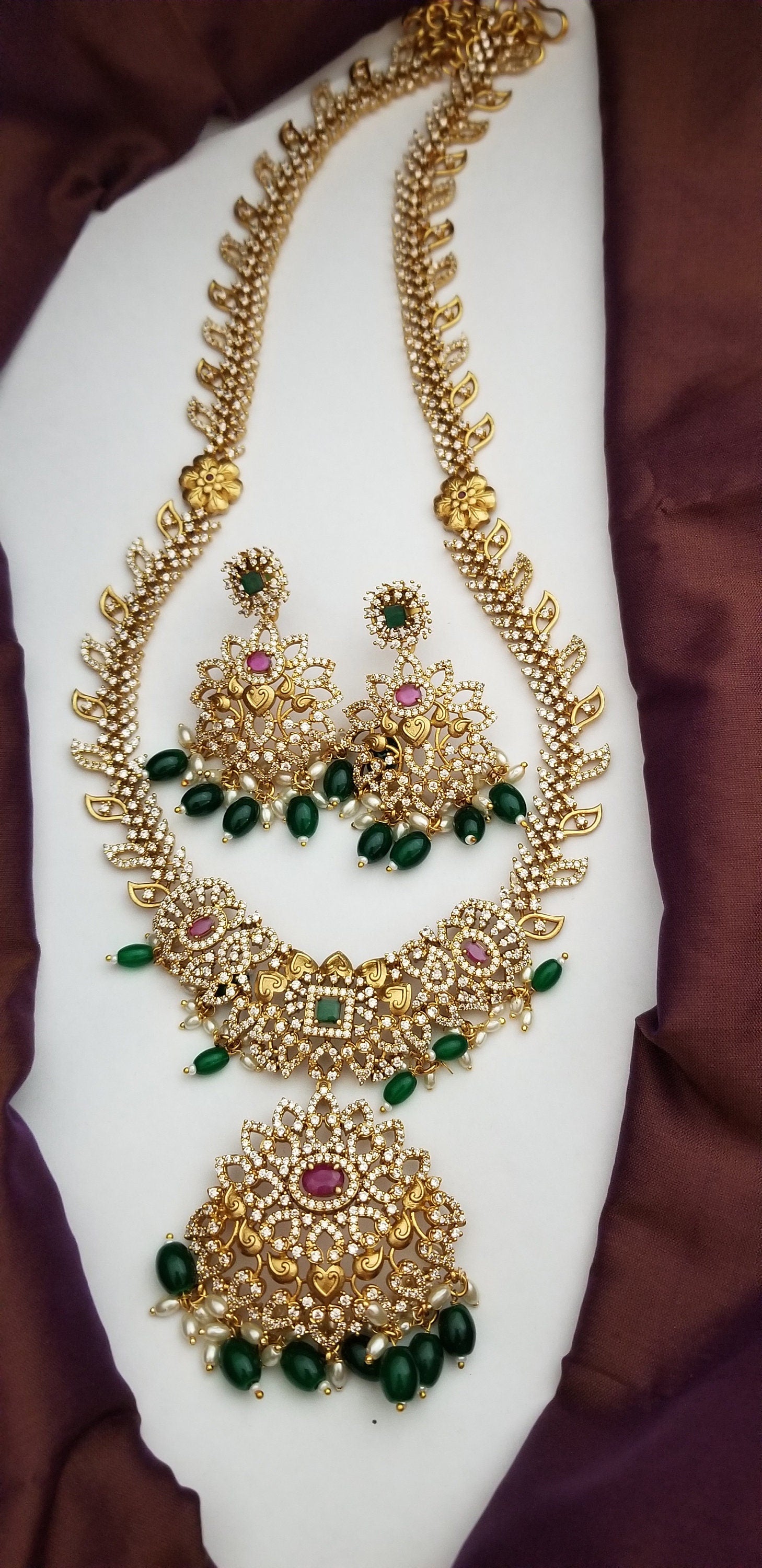 Premium quality Gold Jewelry Replica Haram with precious green bead hangings with matching Earrings - Ethnic Jewelry