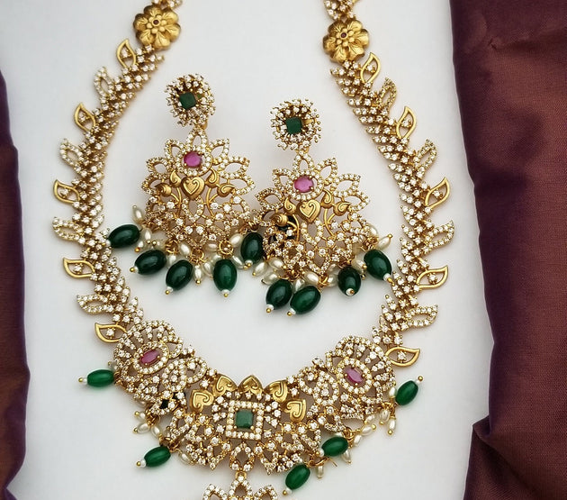 Premium quality Gold Jewelry Replica Haram with precious green bead hangings with matching Earrings - Ethnic Jewelry
