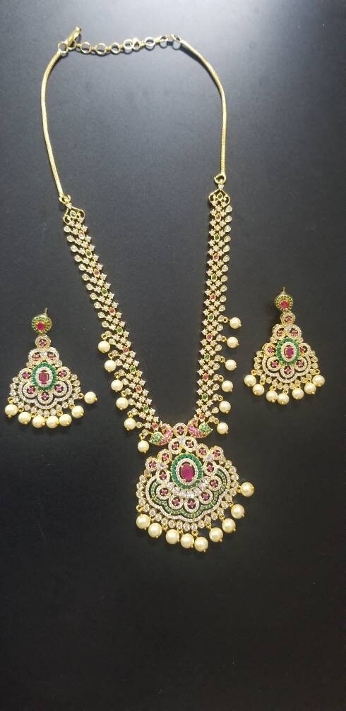 Premium Quality CZ stone Necklace with Beautiful Jhumka - Gold Jewelry Replica