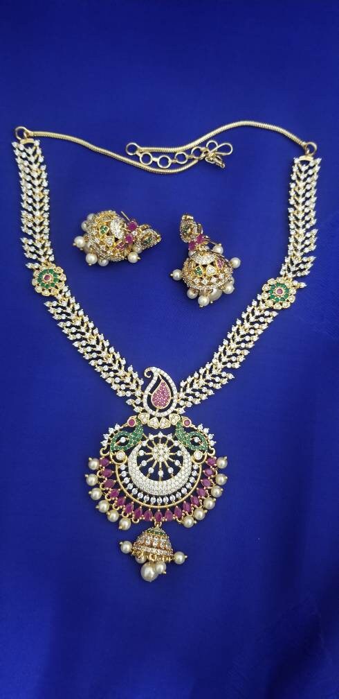 Premium Quality CZ stone Necklace with Beautiful Jhumka - Gold Jewelry Replica