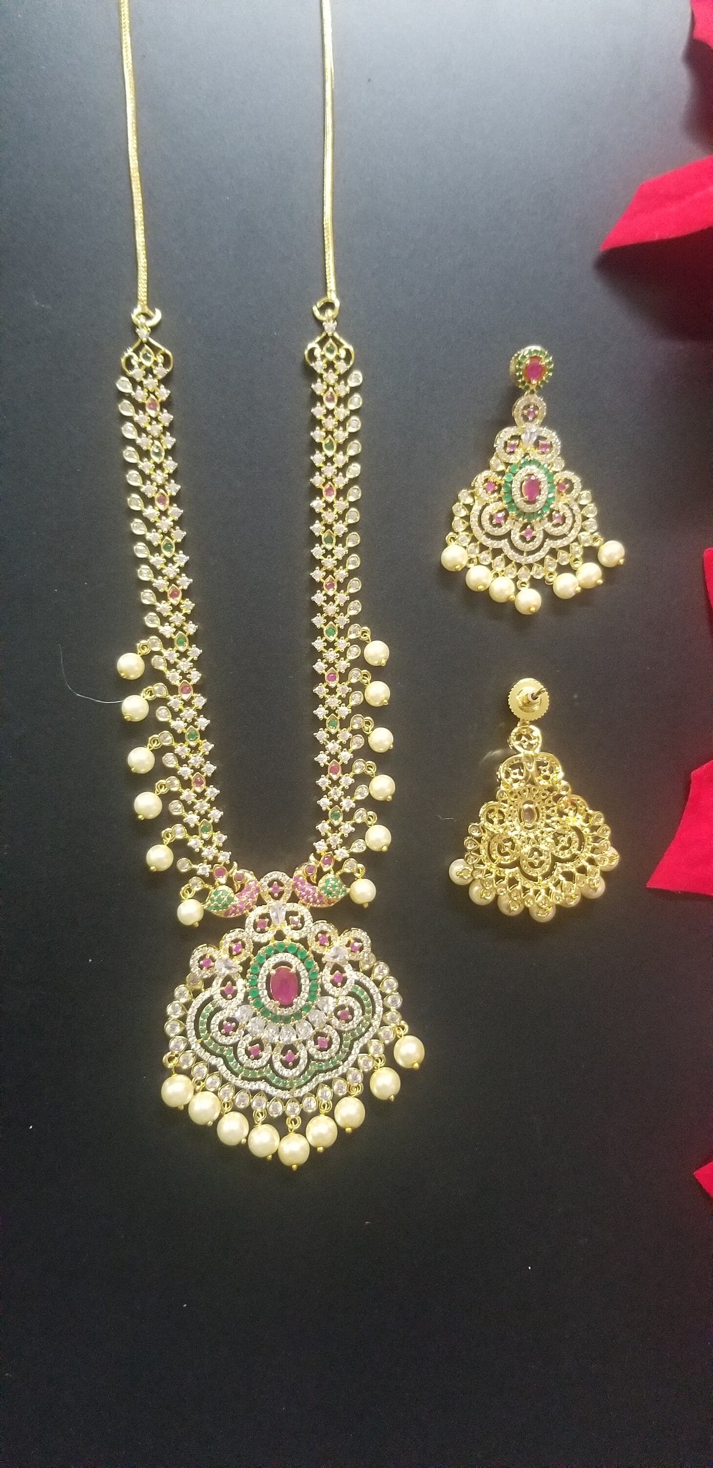 Premium Quality CZ stone Necklace with Beautiful Jhumka - Gold Jewelry Replica