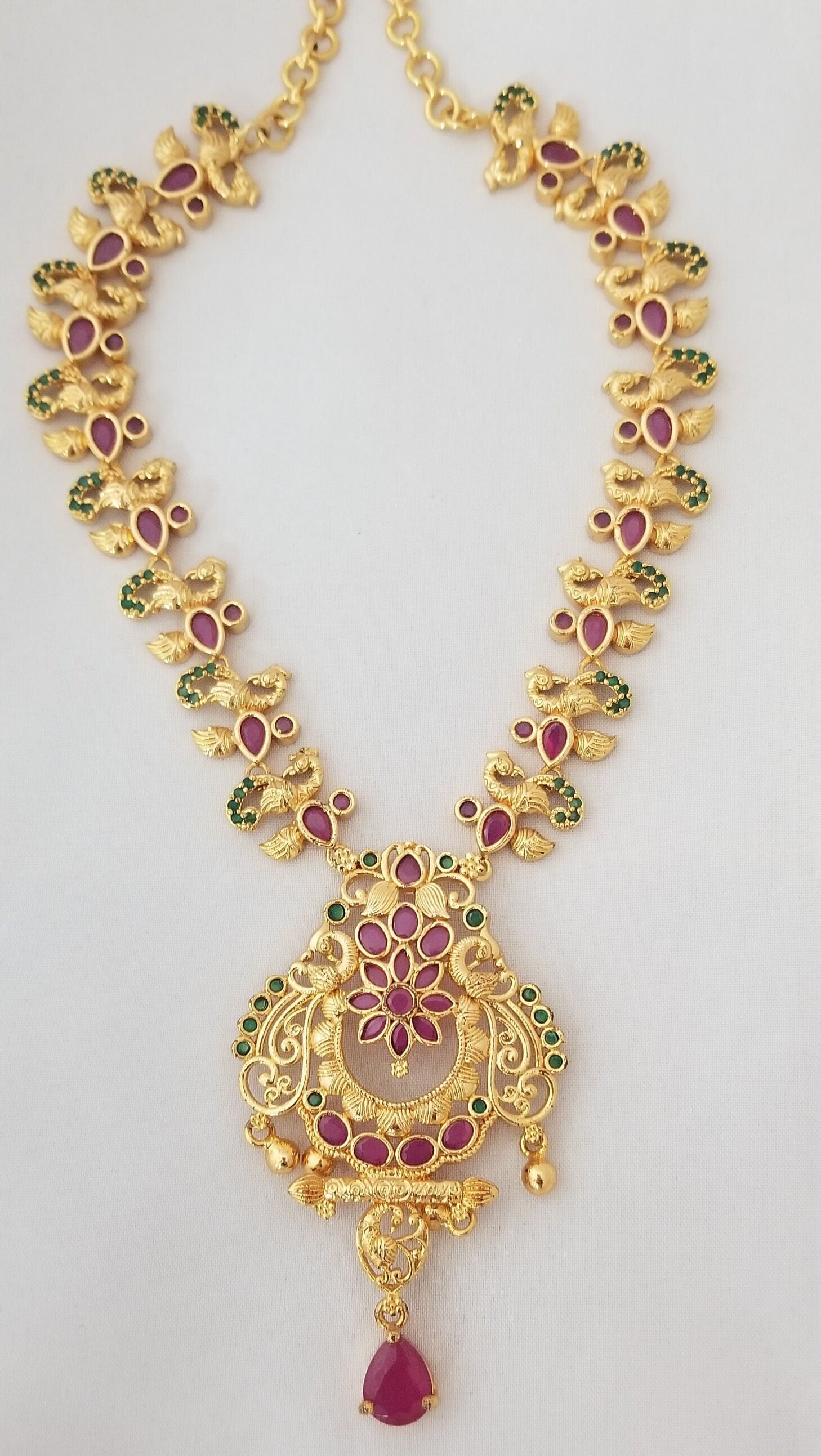 Peacock with flower Gold Polish AD stone Necklace with - Gold Jewelry Replica