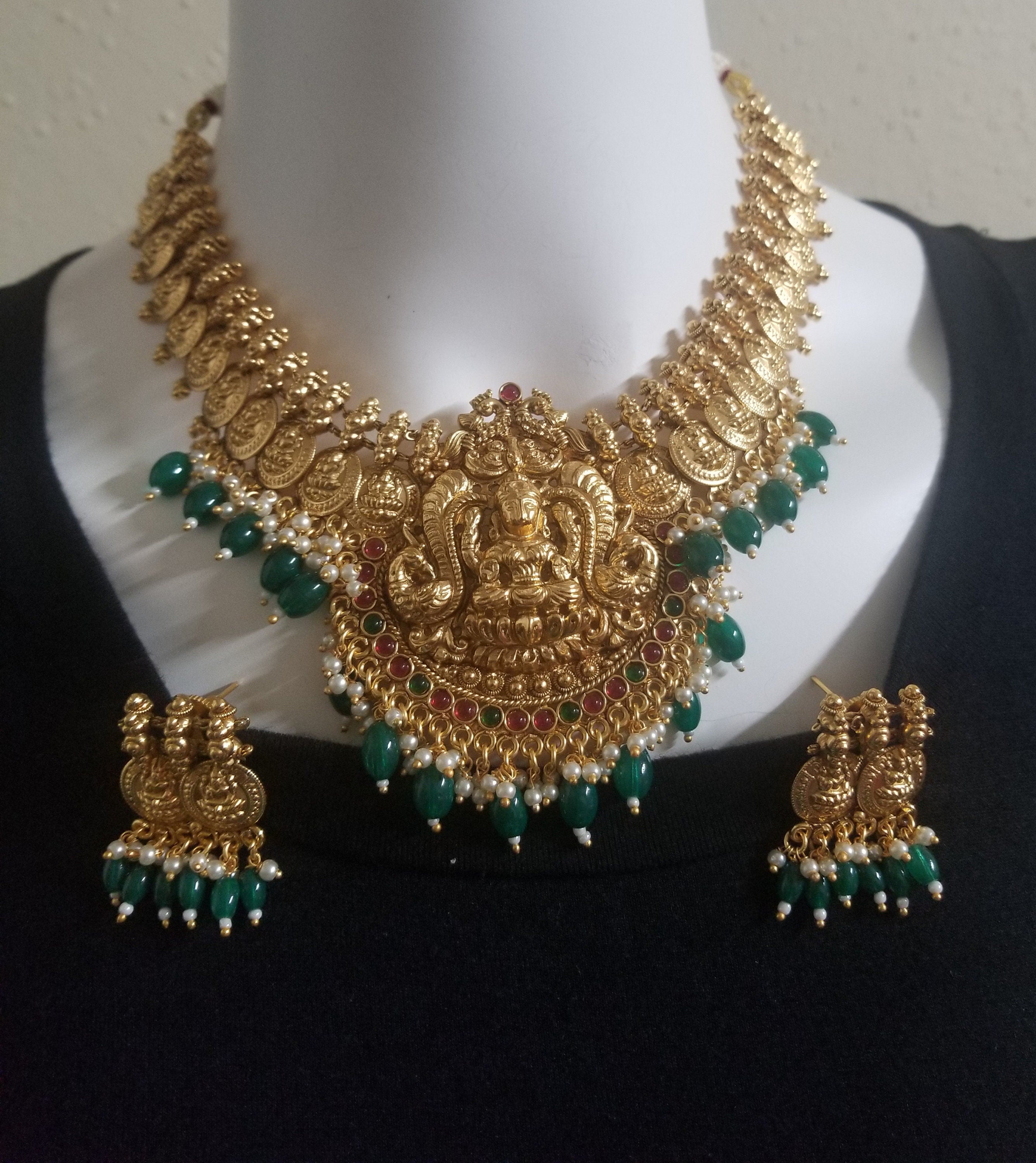 Lakshmi Peacock Premium quality Kemp stone  Gold Jewelry Replica Necklace with hangings precious green beads with Earrings