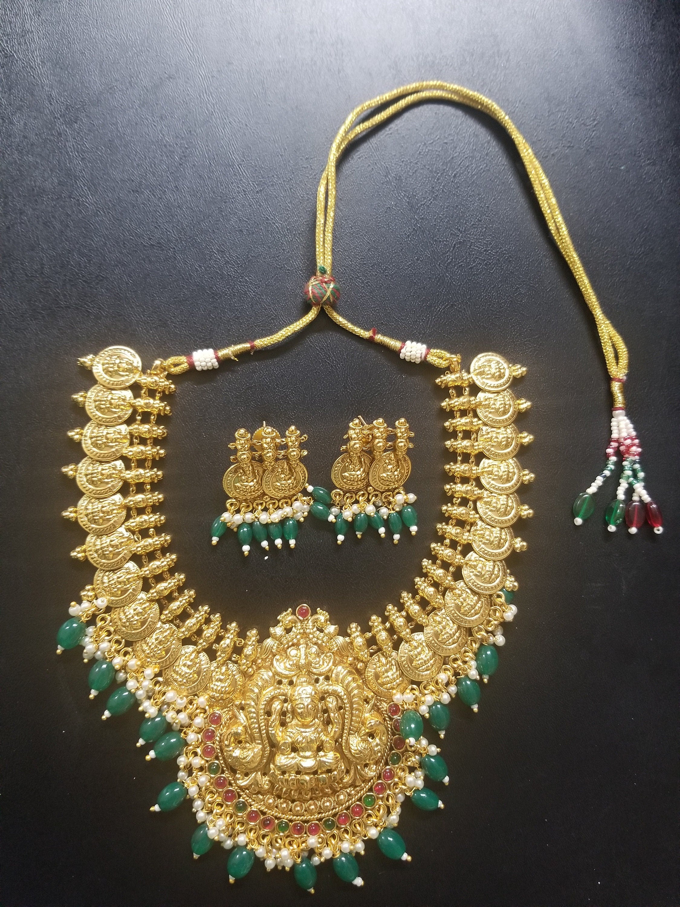 Lakshmi Peacock Premium quality Kemp stone  Gold Jewelry Replica Necklace with hangings precious green beads with Earrings