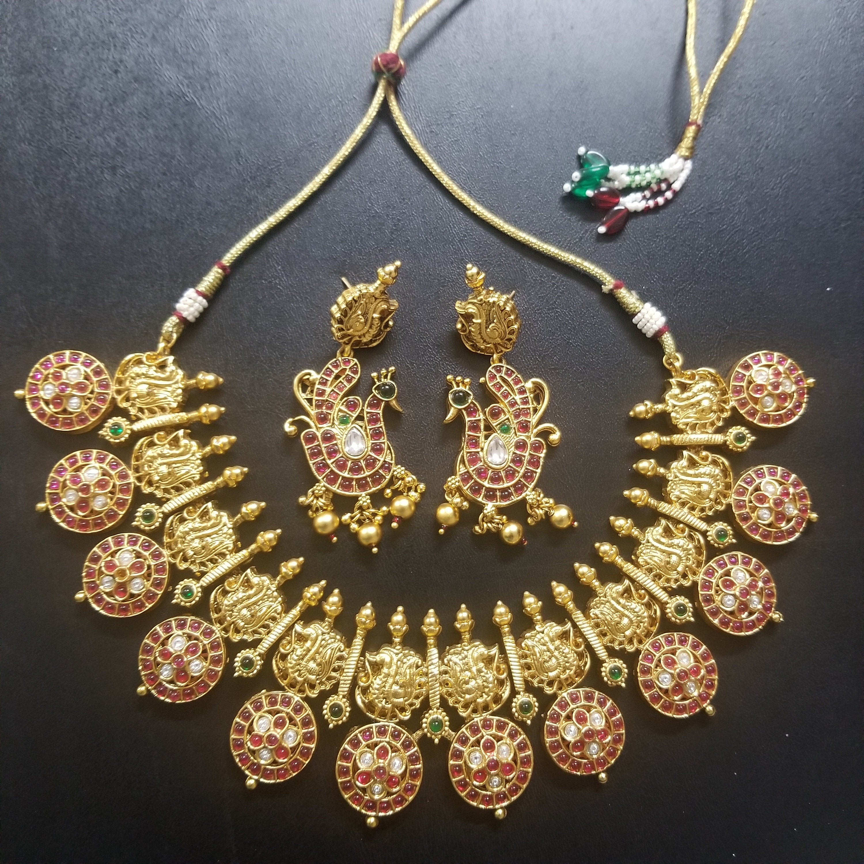 Peacock Premium quality Kemp stone  Gold Jewelry Replica Necklace with Earrings - Bridal Necklace