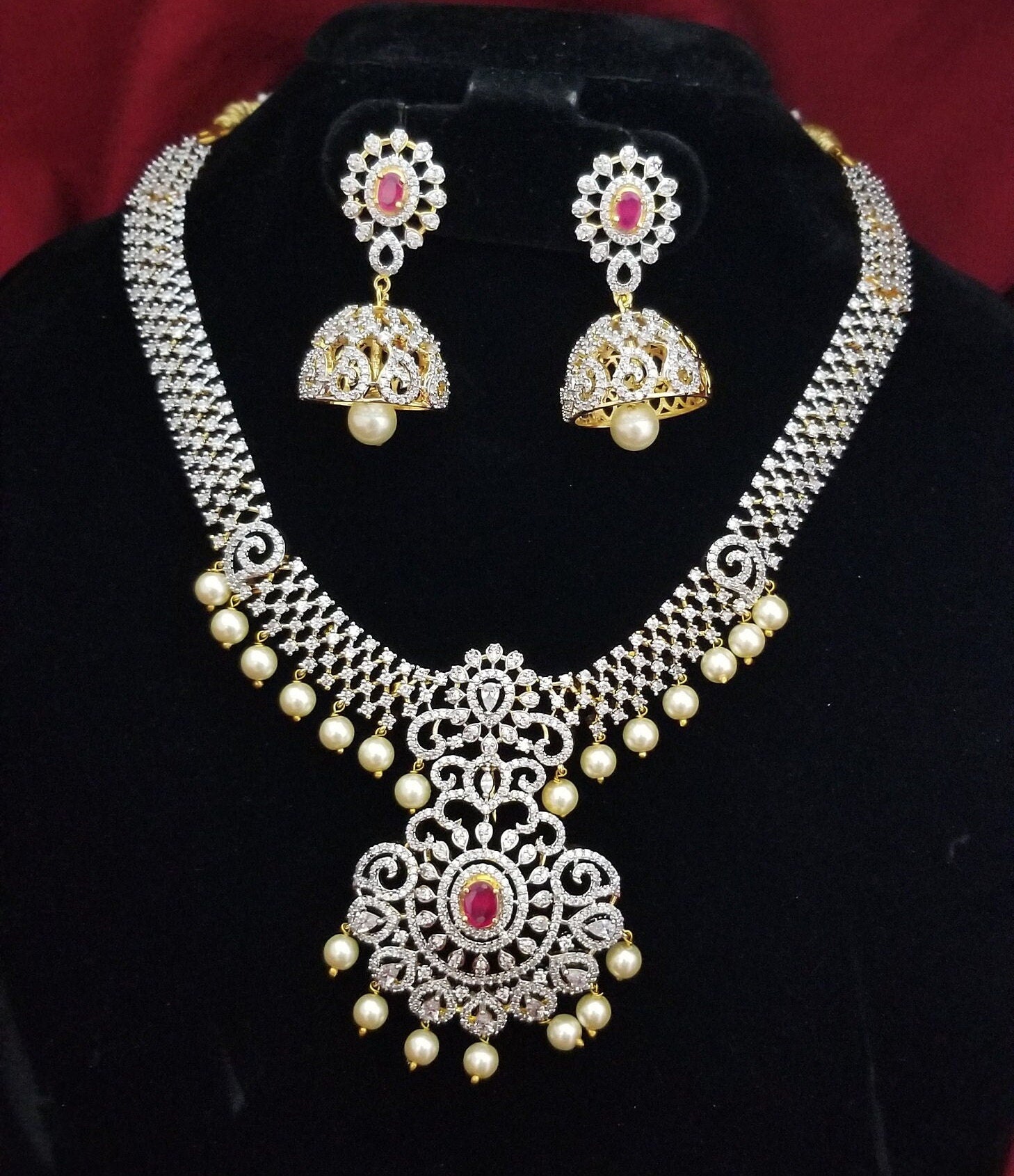 Premium Gold finish White with Pink AD Stone Necklace (Removable Pendent) with matching Jhumki