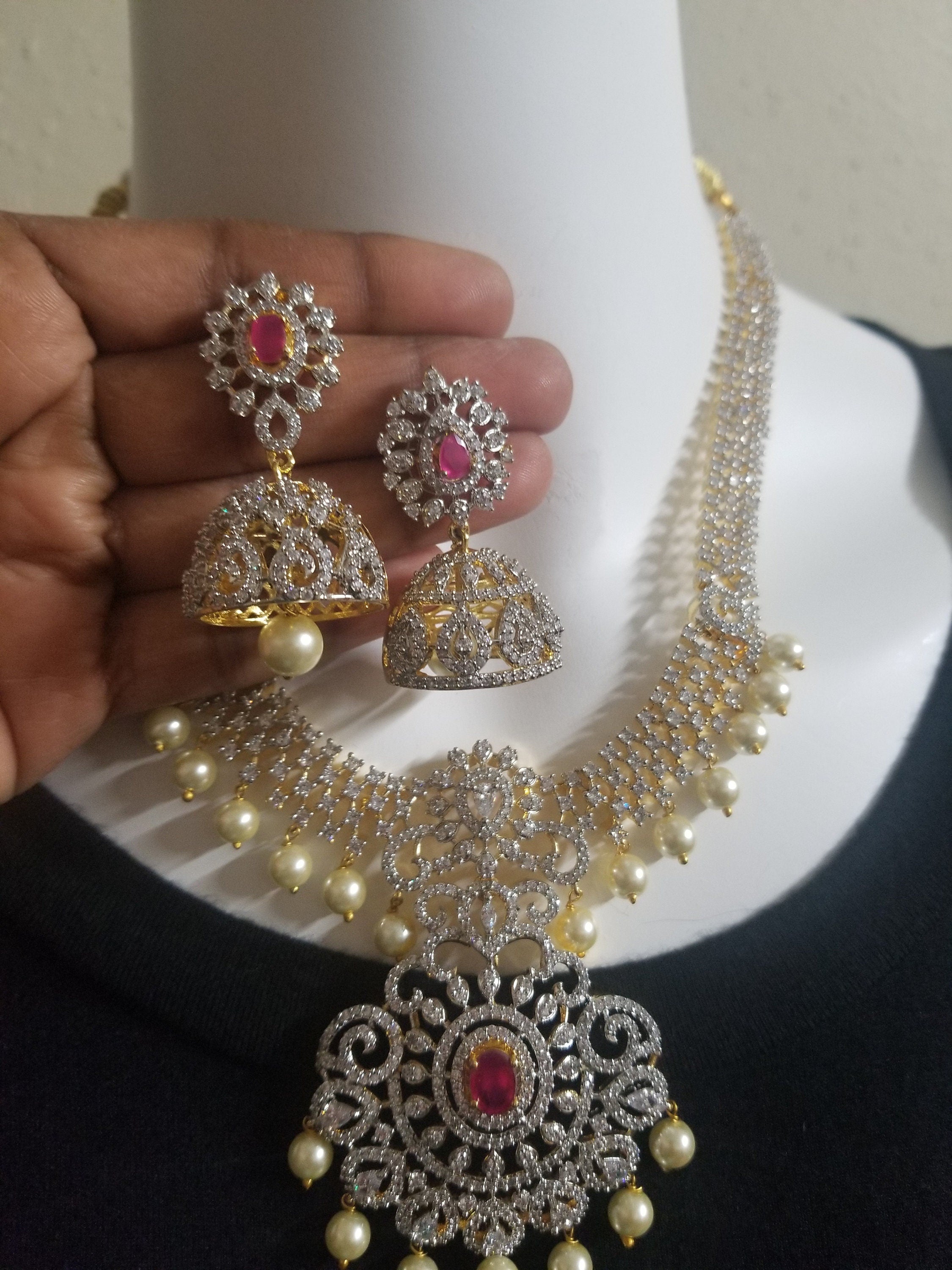 Premium Gold finish White with Pink AD Stone Necklace (Removable Pendent) with matching Jhumki