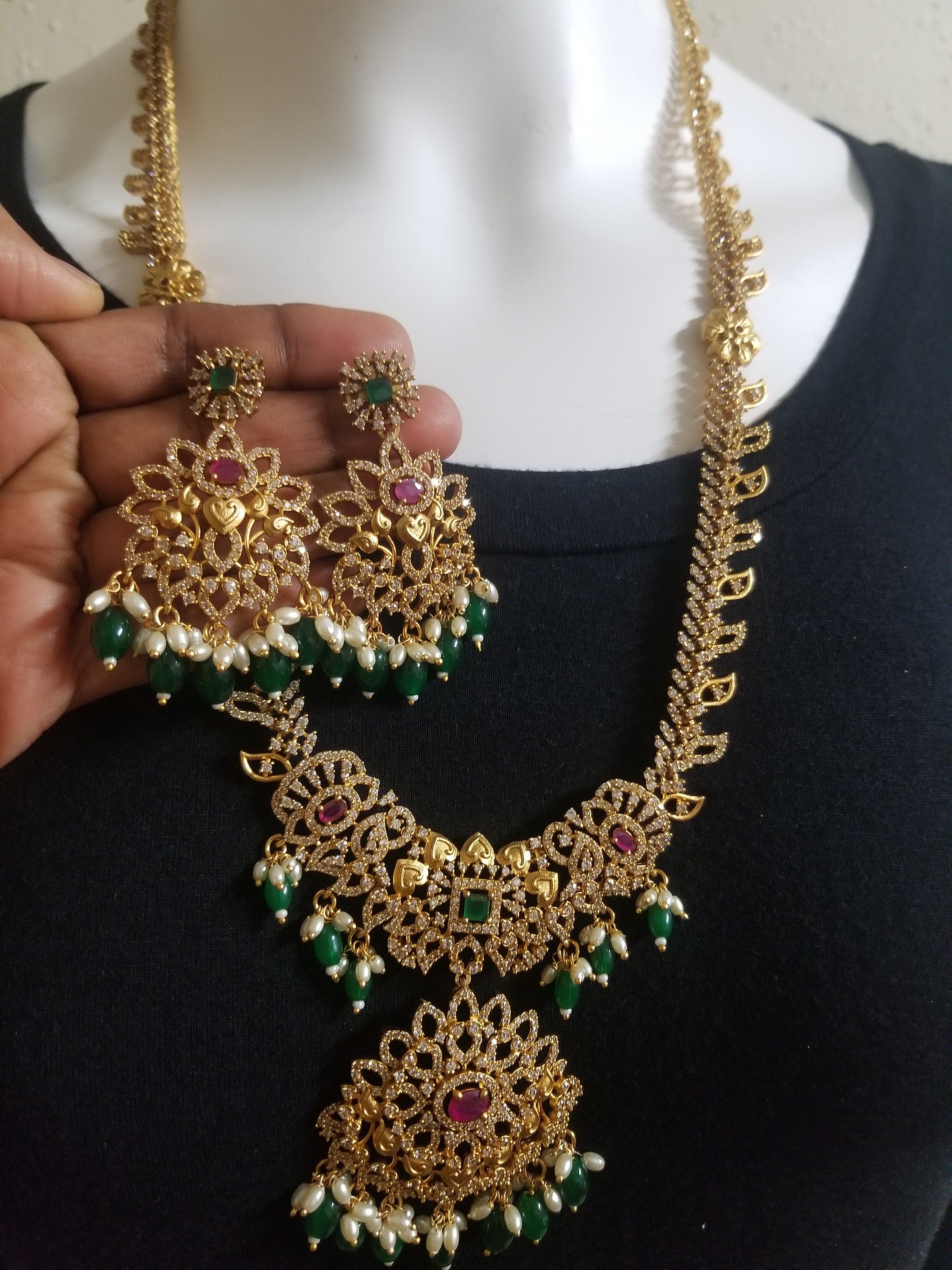 Premium quality Gold Jewelry Replica Haram with precious green bead hangings with matching Earrings - Ethnic Jewelry