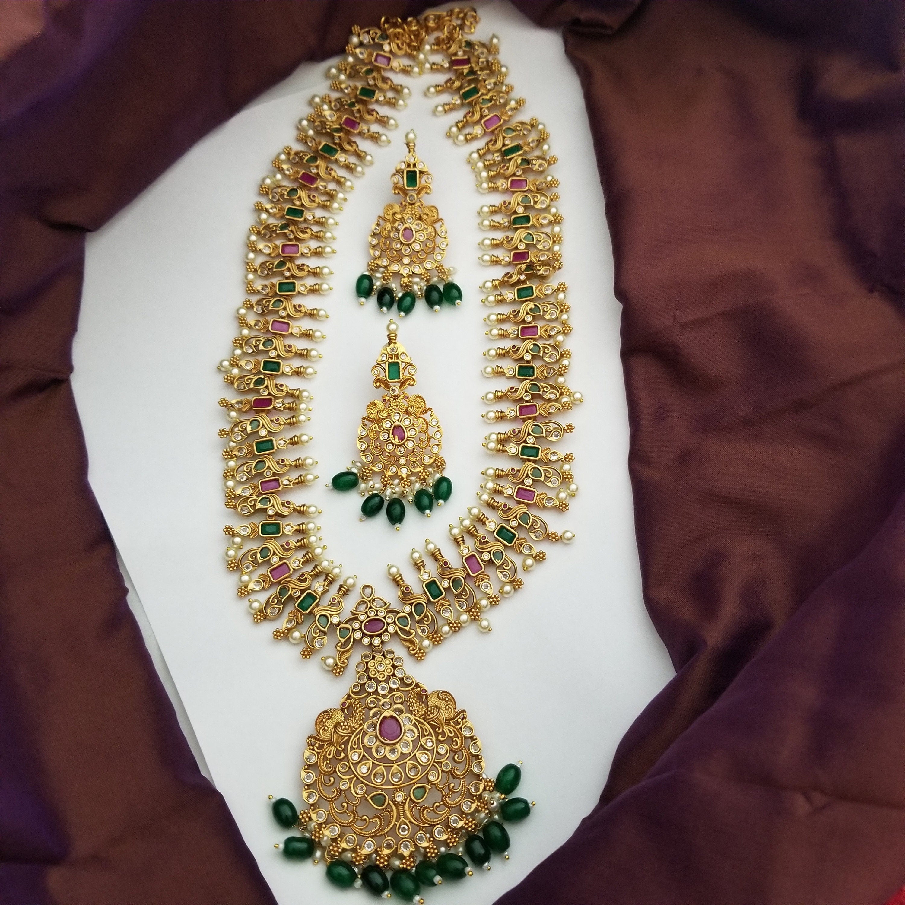 Peacock Premium quality Gold Jewelry Replica Haram with precious green bead hangings with matching Earrings