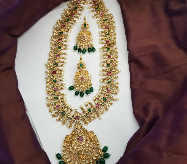 Peacock Premium quality Gold Jewelry Replica Haram with precious green bead hangings with matching Earrings