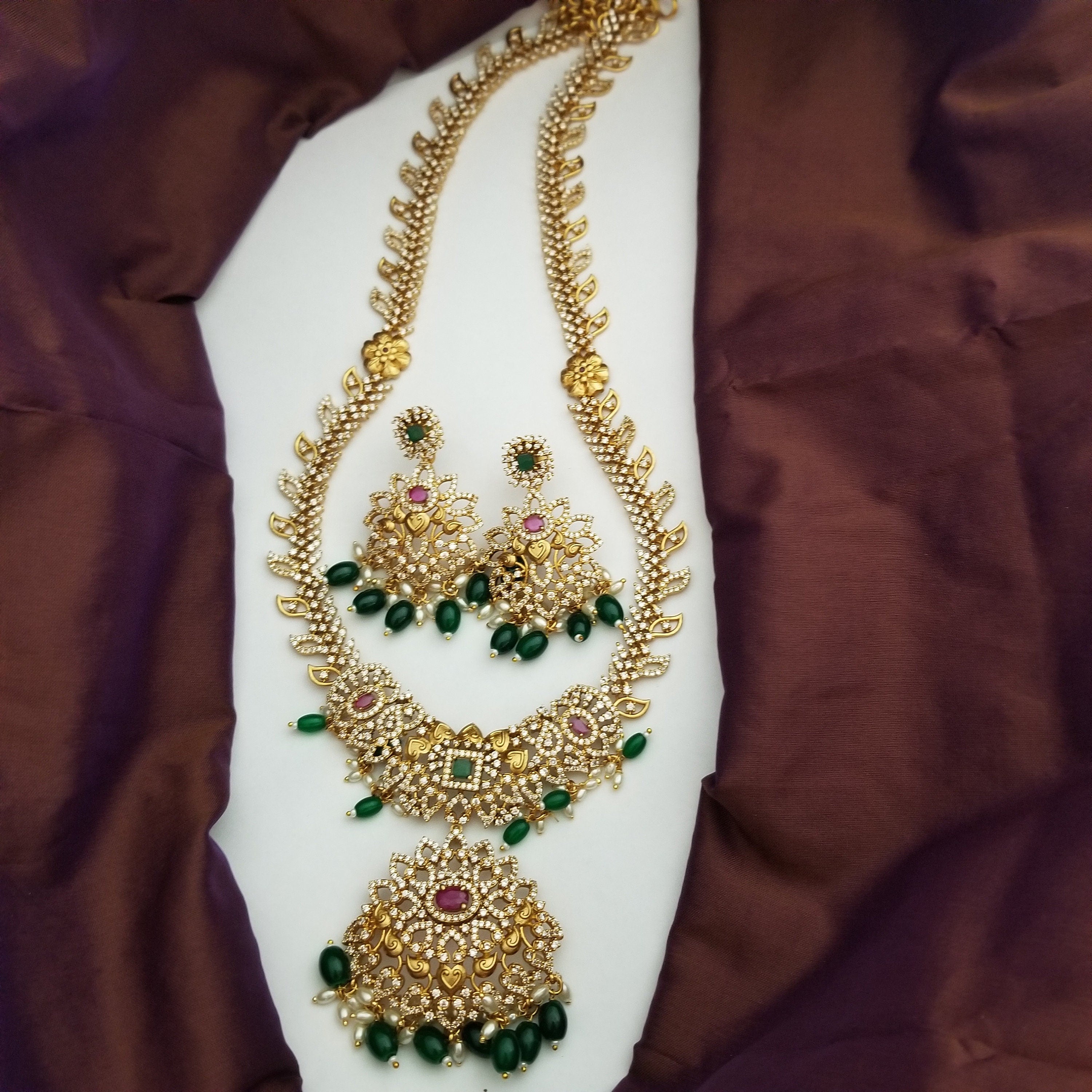Premium quality Gold Jewelry Replica Haram with precious green bead hangings with matching Earrings - Ethnic Jewelry