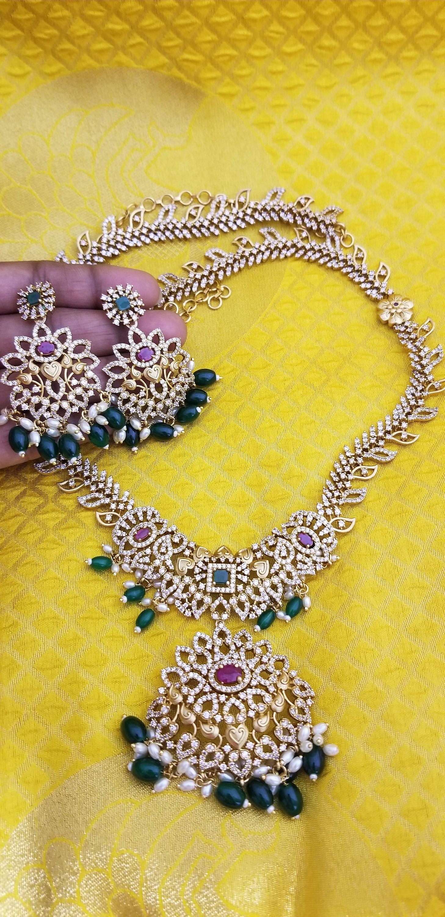 Premium quality Gold Jewelry Replica Haram with precious green bead hangings with matching Earrings - Ethnic Jewelry