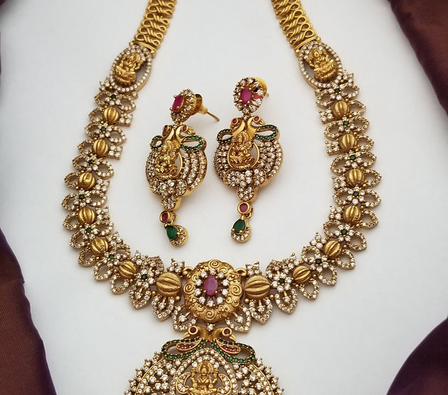 Lakshmi Premium quality Gold Jewelry Replica Haram - CZ stone Haram with matching Earrings - Ethnic Jewelry