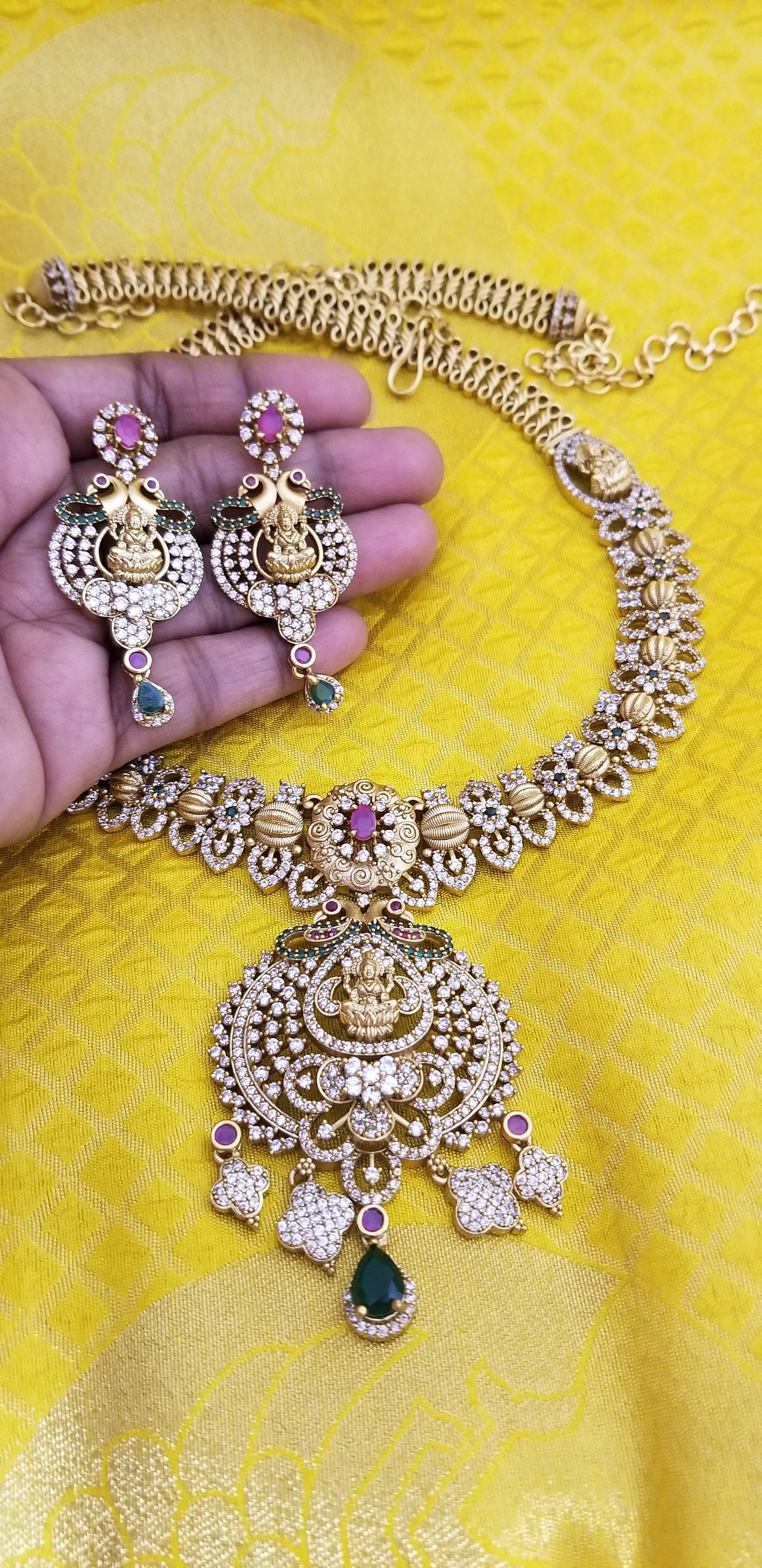 Lakshmi Premium quality Gold Jewelry Replica Haram - CZ stone Haram with matching Earrings - Ethnic Jewelry