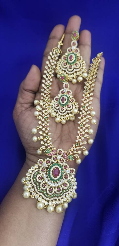 Premium Quality CZ stone Necklace with Beautiful Jhumka - Gold Jewelry Replica