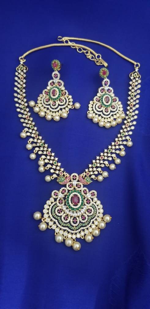 Premium Quality CZ stone Necklace with Beautiful Jhumka - Gold Jewelry Replica