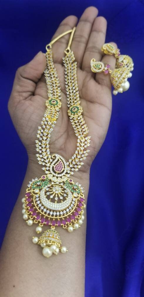 Premium Quality CZ stone Necklace with Beautiful Jhumka - Gold Jewelry Replica