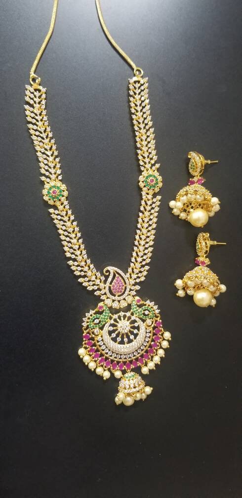 Premium Quality CZ stone Necklace with Beautiful Jhumka - Gold Jewelry Replica