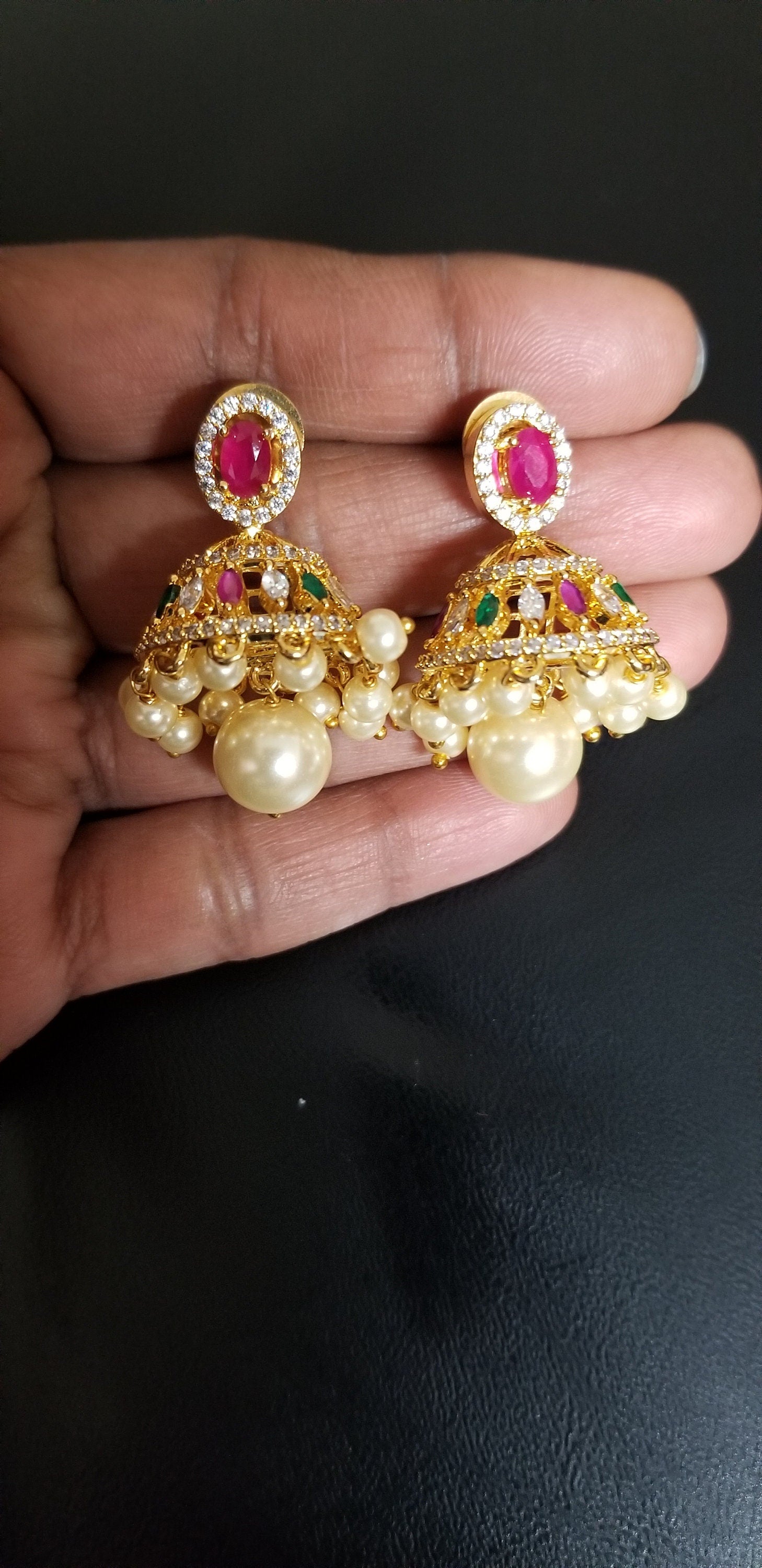 Premium Quality Gold finish CZ stone Jhumka with Hanging Pearls