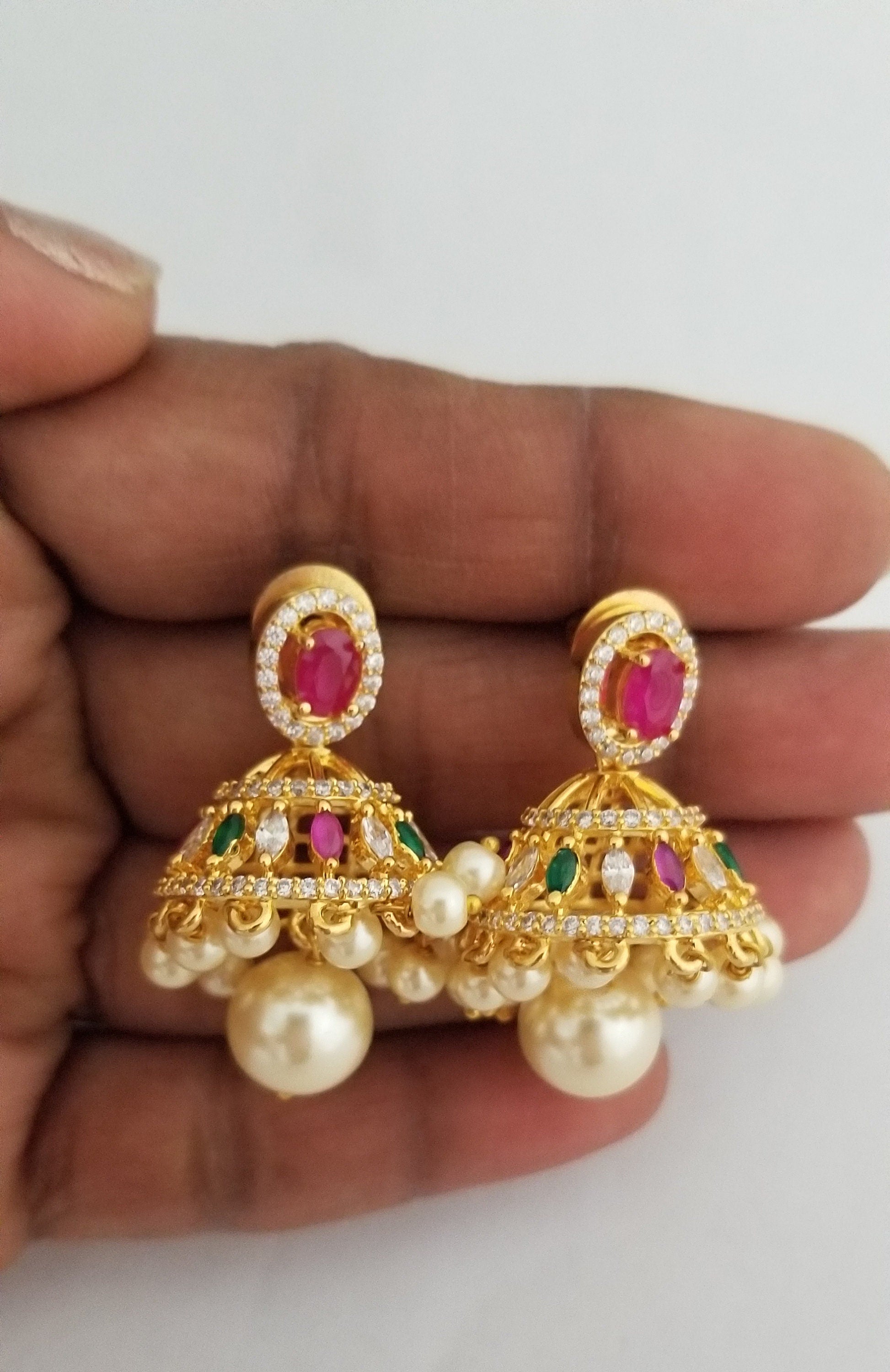 Premium Quality Gold finish CZ stone Jhumka with Hanging Pearls