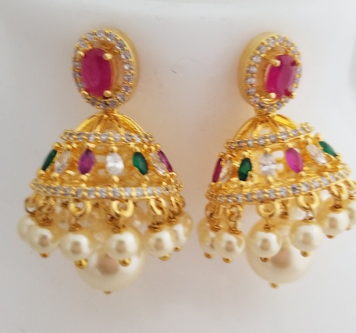 Premium Quality Gold finish CZ stone Jhumka with Hanging Pearls