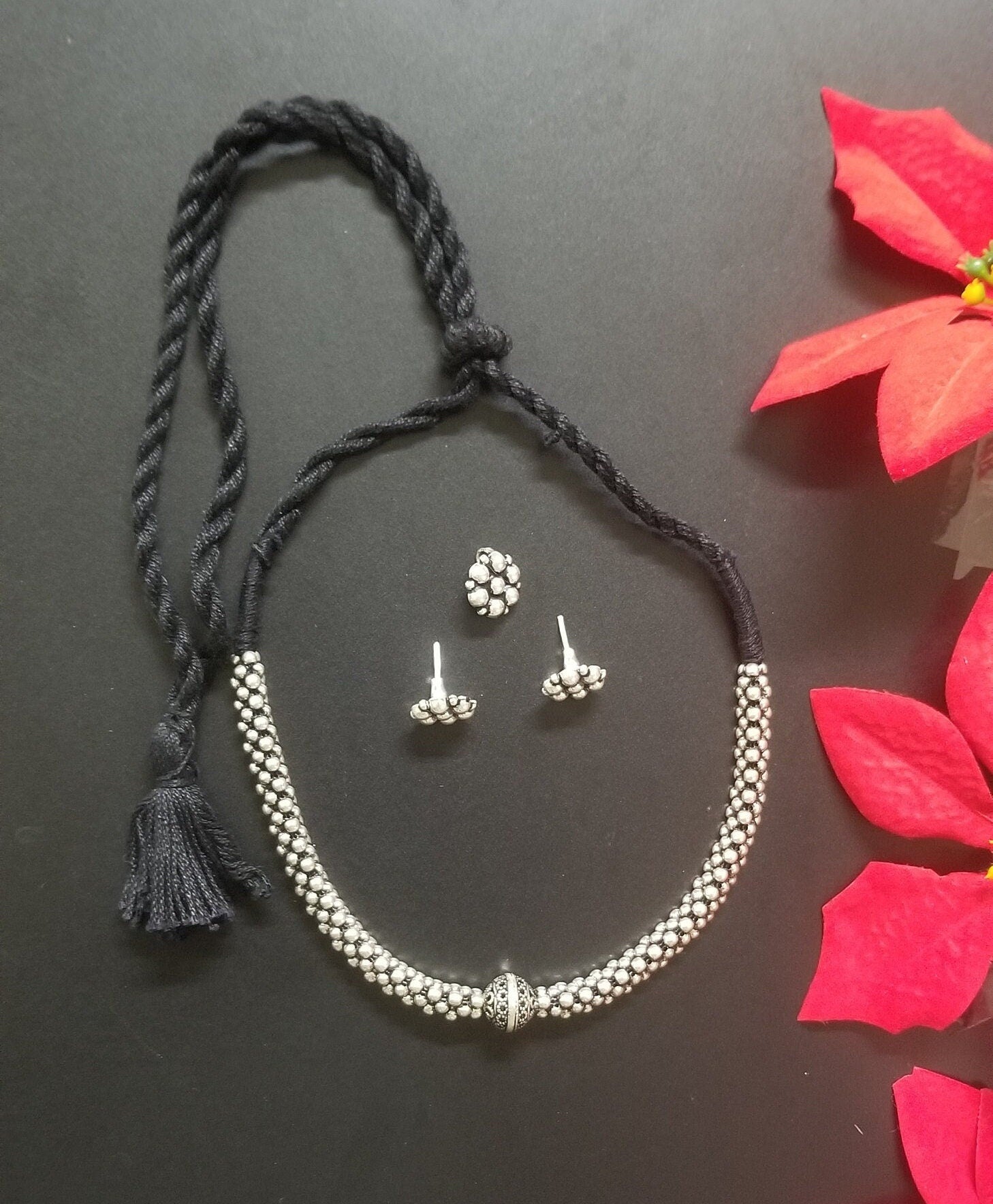 Premium quality Antique Silver Choker with matching Earrings and nose pin