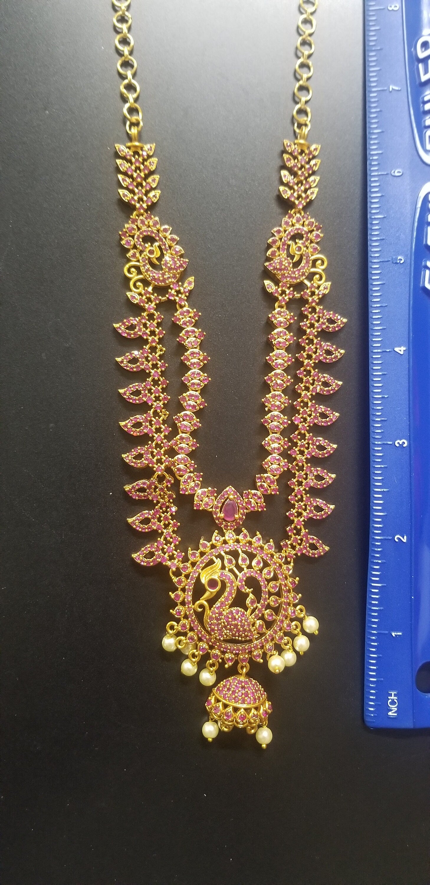 Peacock design Premium Quality Double layer Ruby Necklace with Beautiful Earrings - Gold Jewelry Replica
