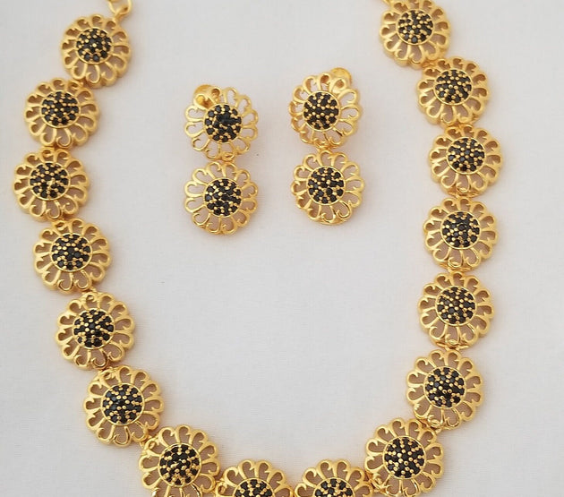 Flower Type Gold Polish Black stone Necklace with matching Earrings - Flower type Necklace